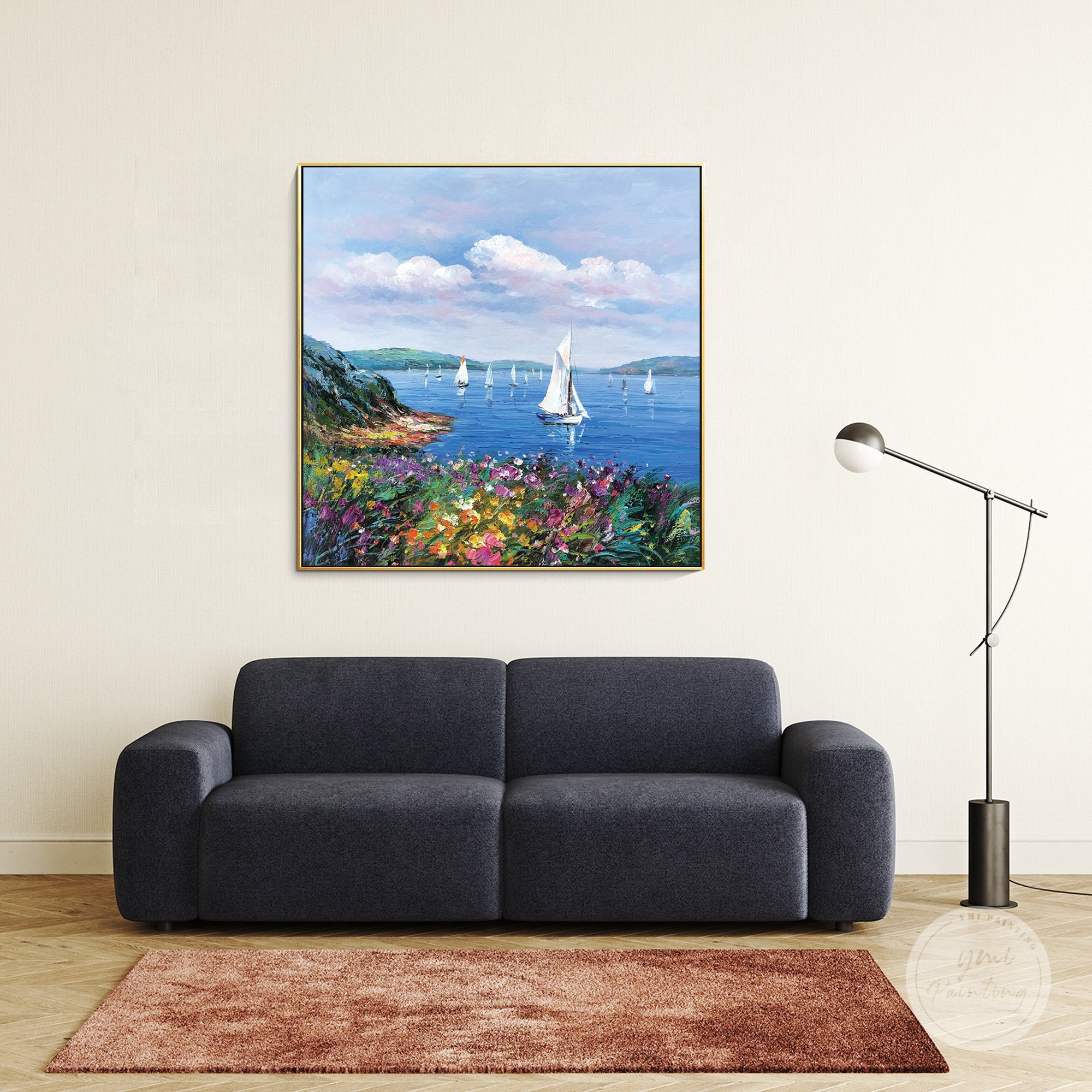 Blue ocean sailboat painting for living room with soft clouds and coastal scenery