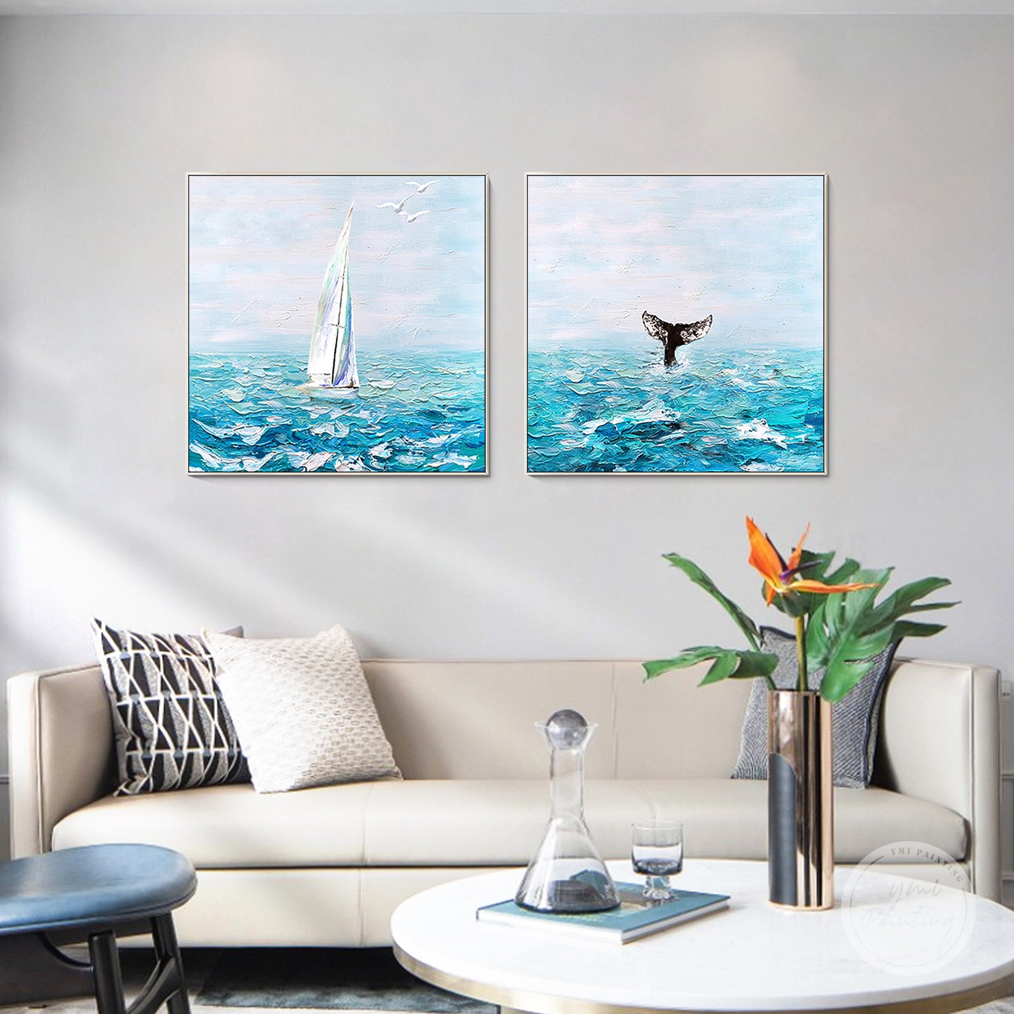 Blue sailboat whale tail seascape canvas wall art set of 2 in modern living room above sofa