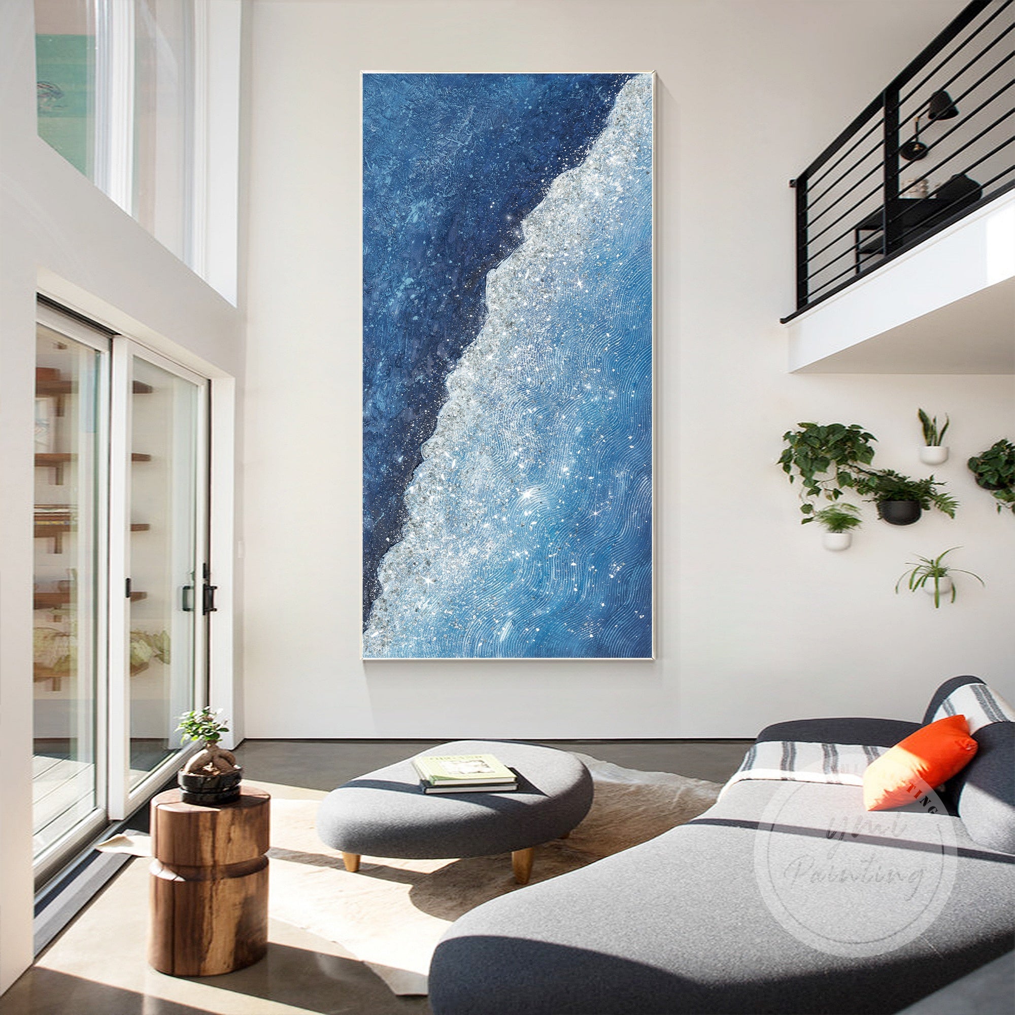 abstract ocean wave painting with silver glitter and crushed glass