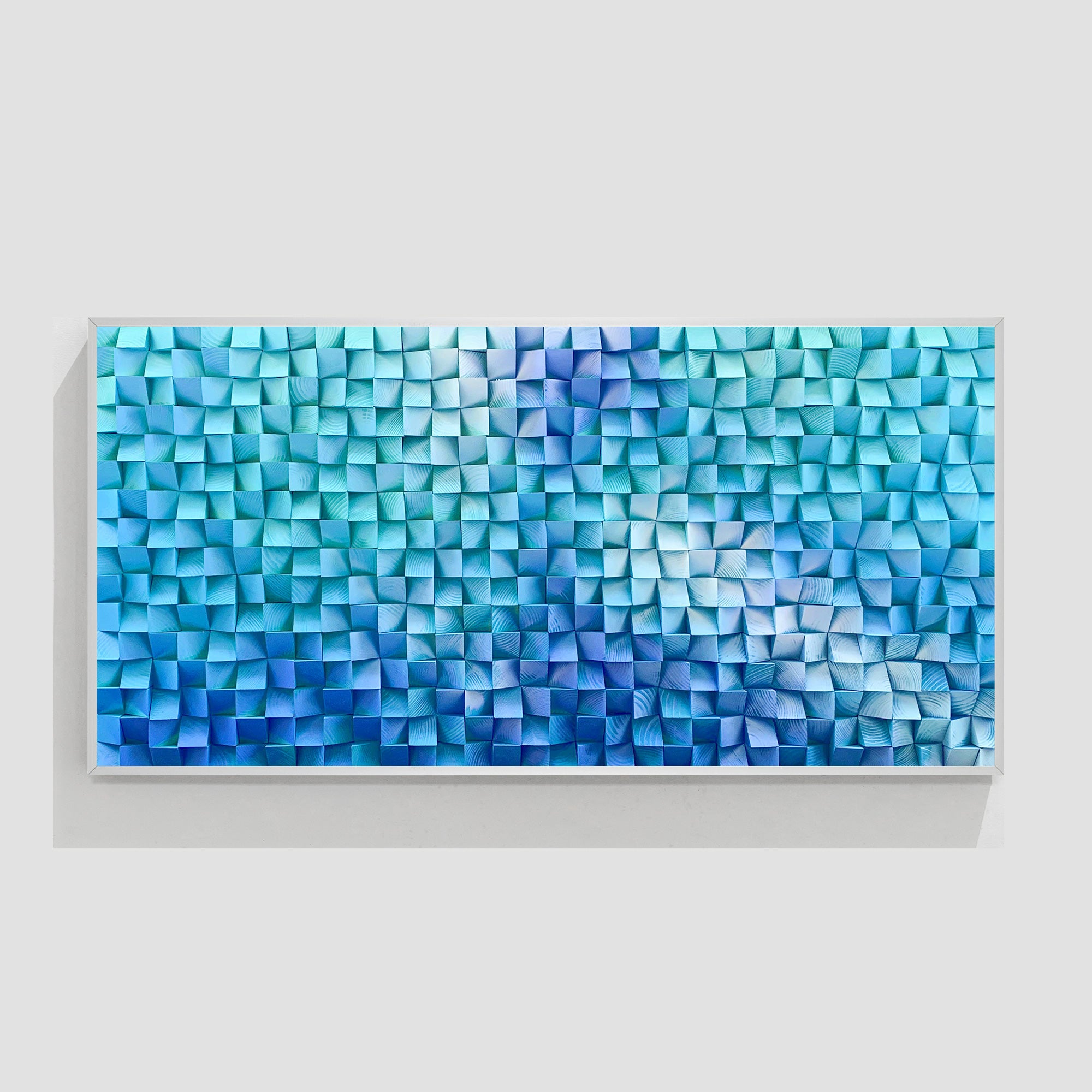 Blue Wood Block Wall Art, Abstract Wooden Mosaic Artwork in Deep Blue and Blue Purple Tones