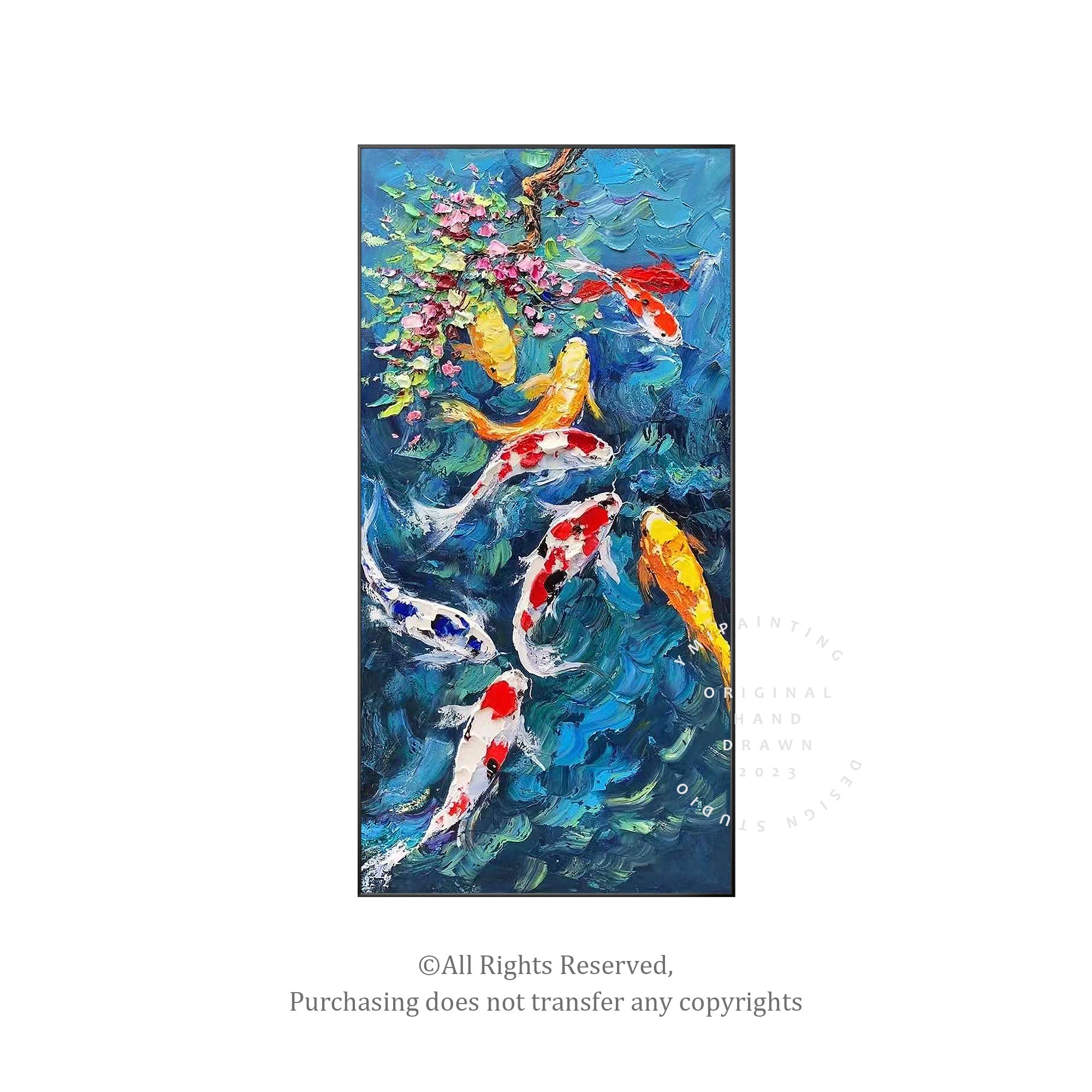 Koi fish oil painting with lotus flowers and leaves – Vastu home decor
