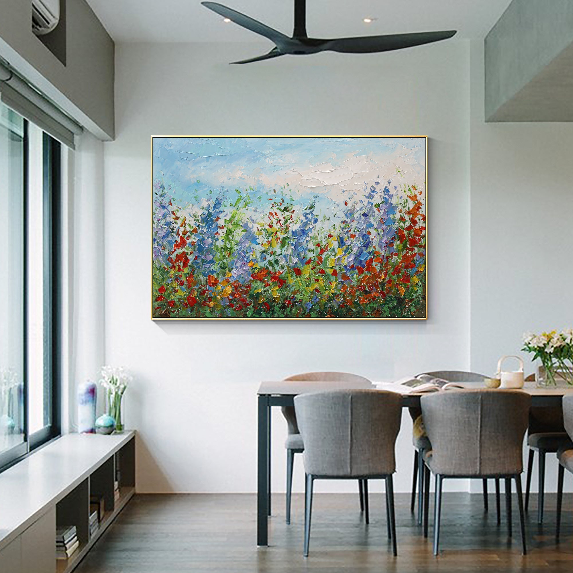 Blue and red abstract wild flower canvas wall art for home dining room decor