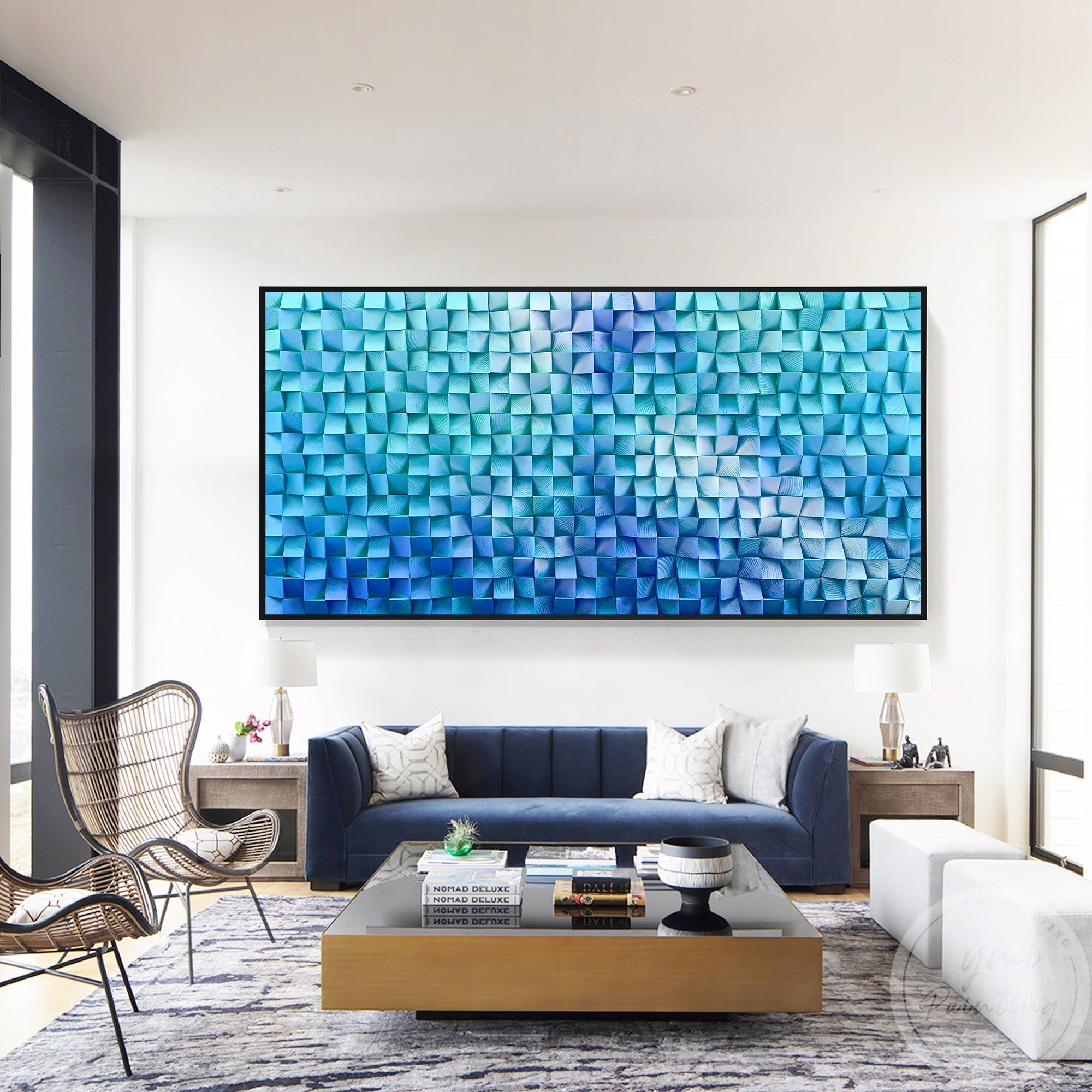 A horizontal abstract design with a gradient of blue and teal squares, offering a serene yet dynamic vibe to minimalist living room decor.