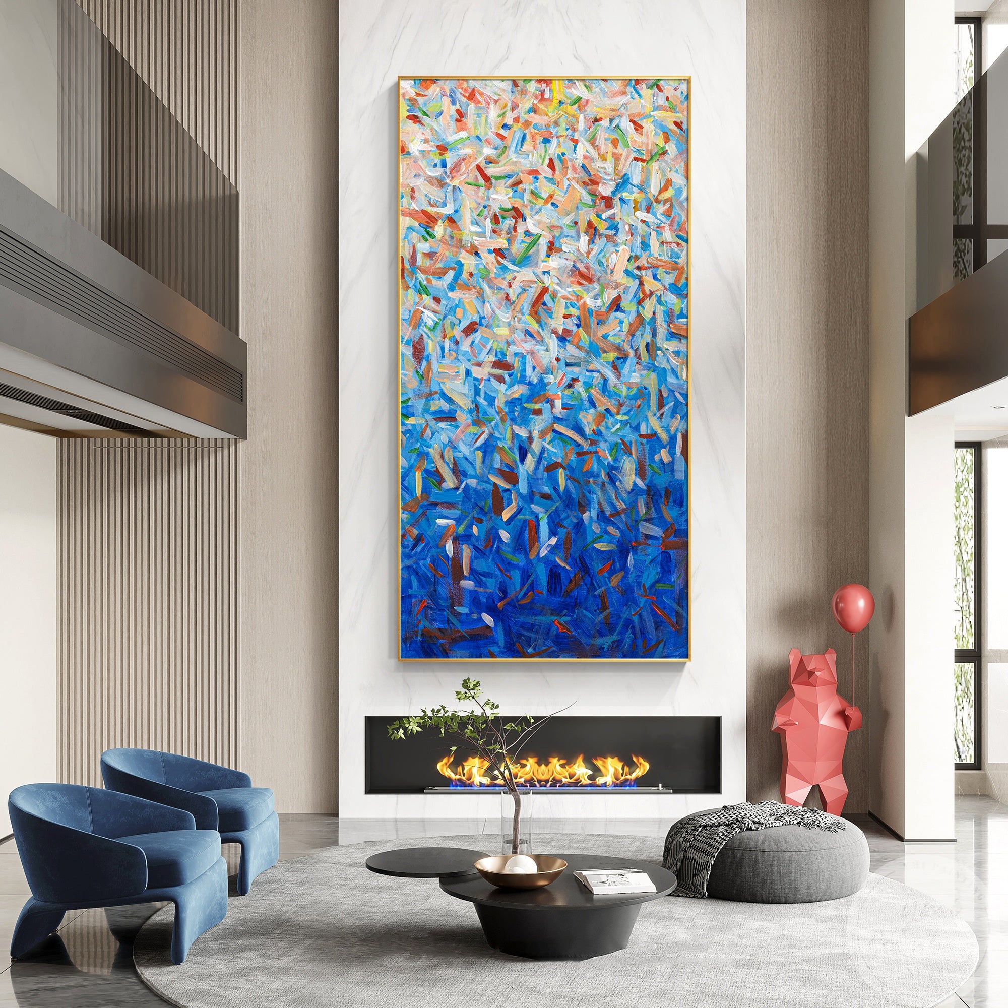 Abstract art in blue and white with random colorful strokes and splashes
