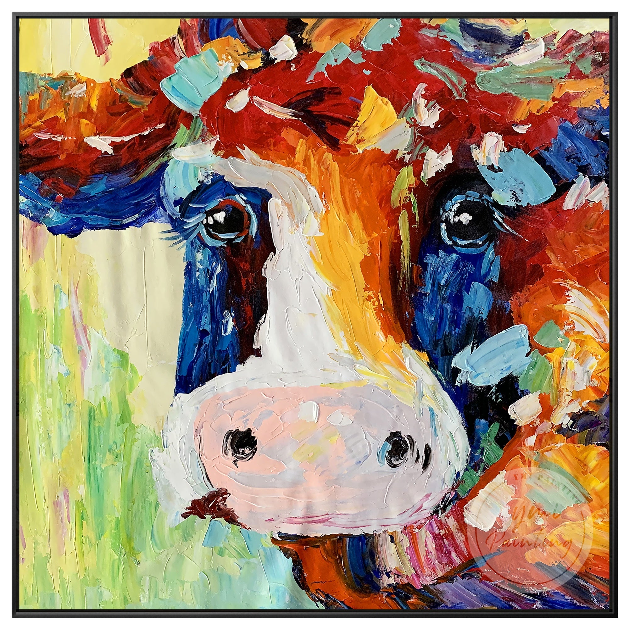 A charming and vibrant cow painting with intricate details and bold colors, perfect for adding character to modern spaces.