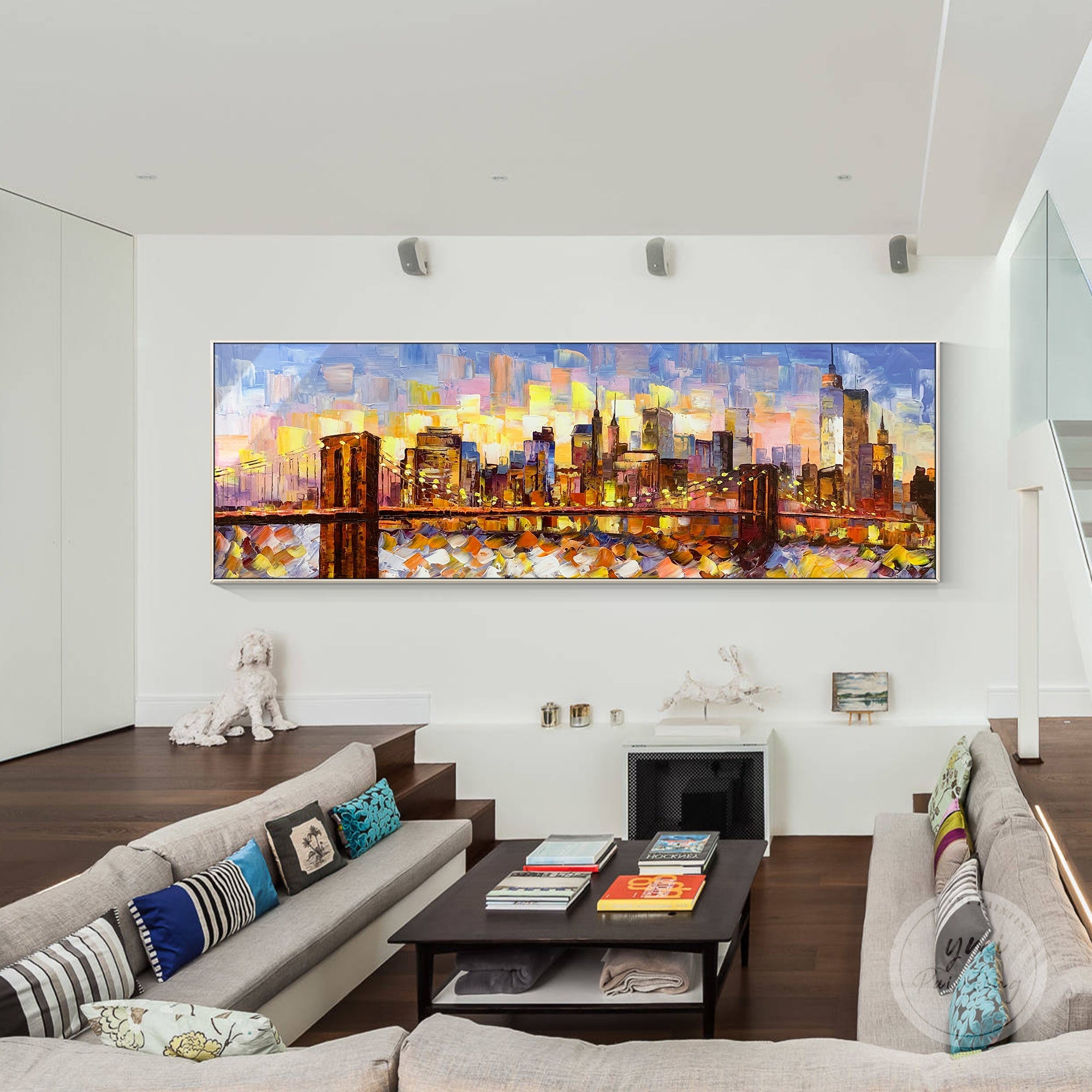 Iconic Brooklyn Bridge artwork with Manhattan skyline in textured oil, perfect for modern city-themed decor.