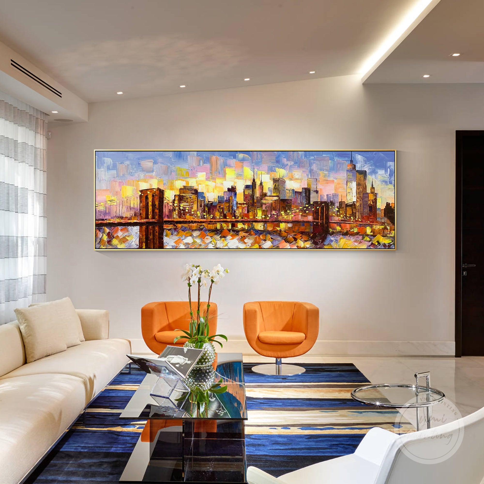 Modern Brooklyn Bridge painting with detailed Manhattan skyline in textured oil paint, bringing New York’s beauty to life.