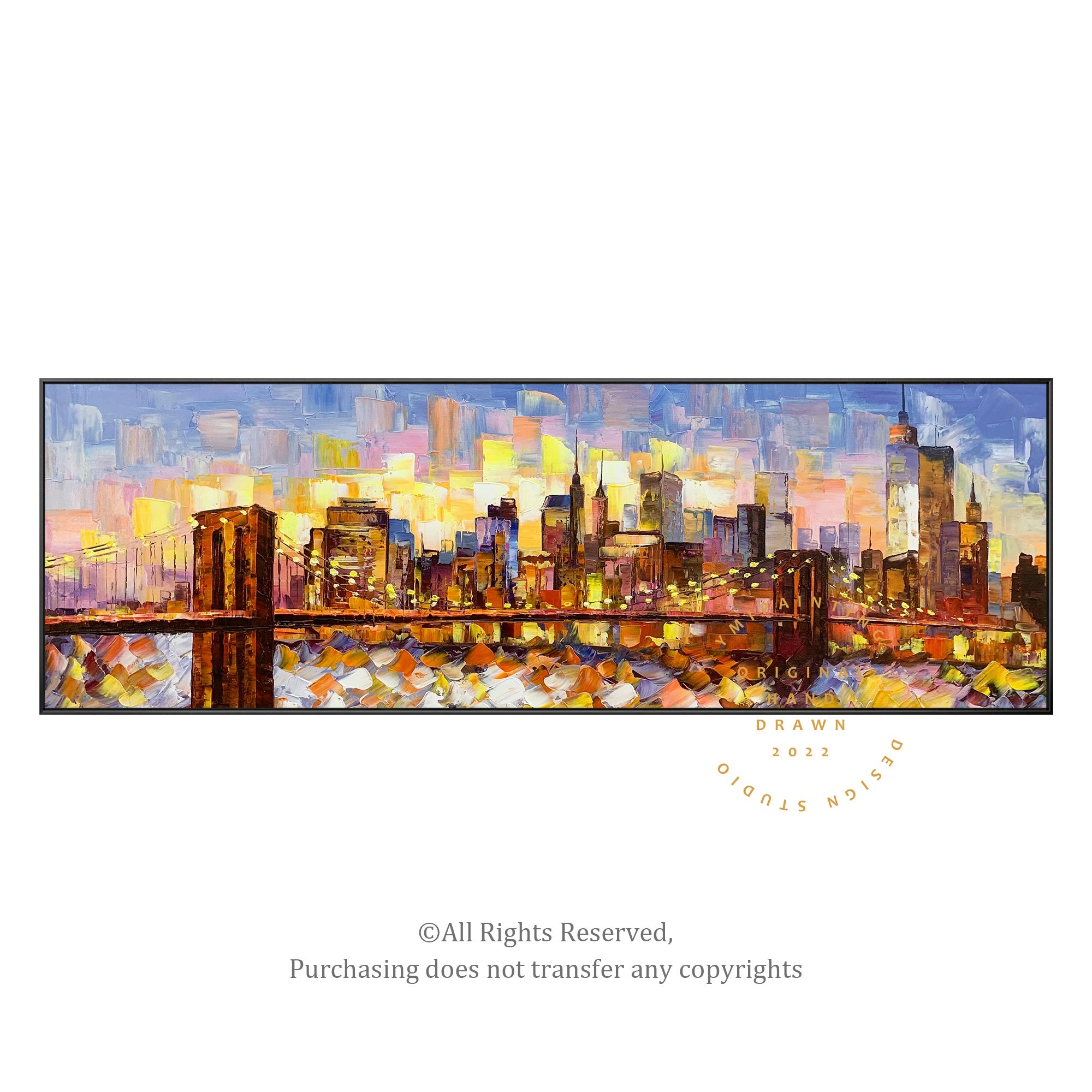 Brooklyn Bridge oil painting with textured Manhattan skyline, capturing the iconic cityscape.