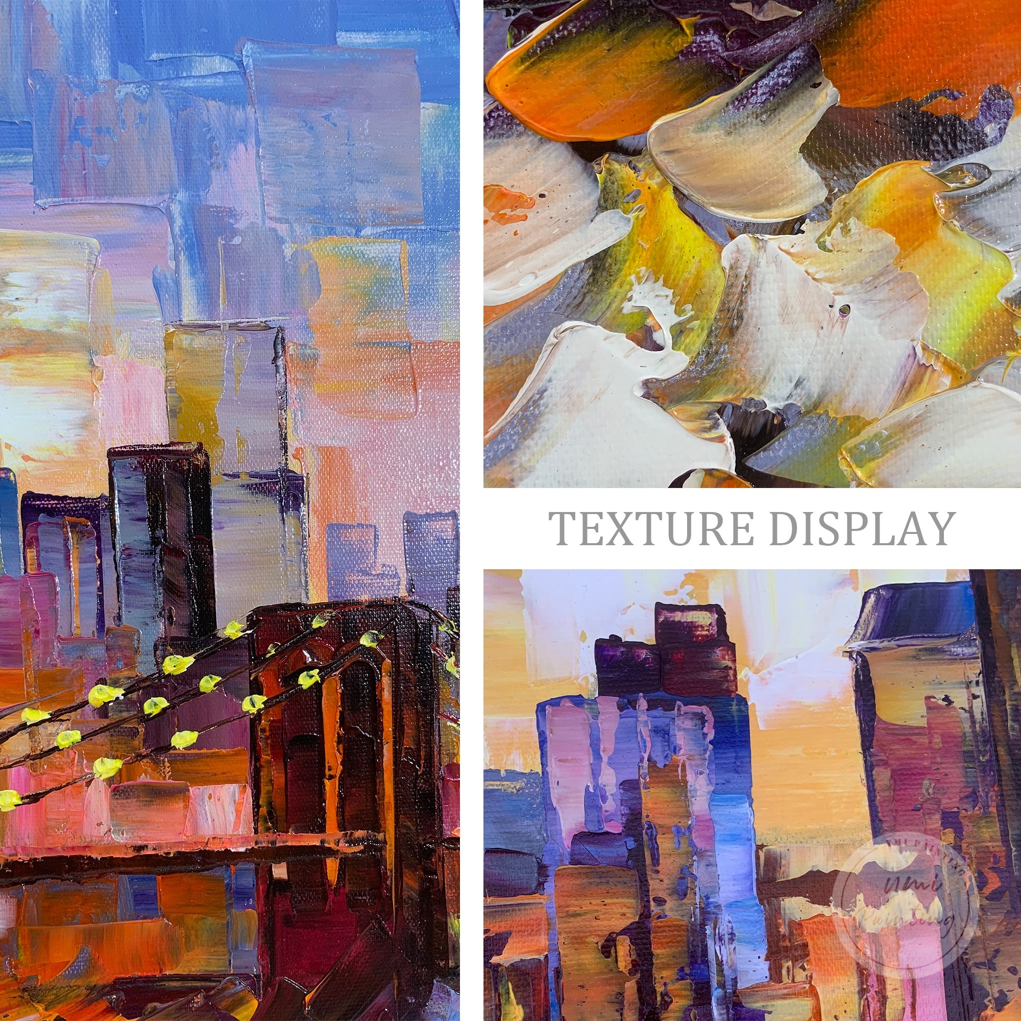 Textured Manhattan skyline painting with Brooklyn Bridge, showcasing the dynamic energy of New York City.