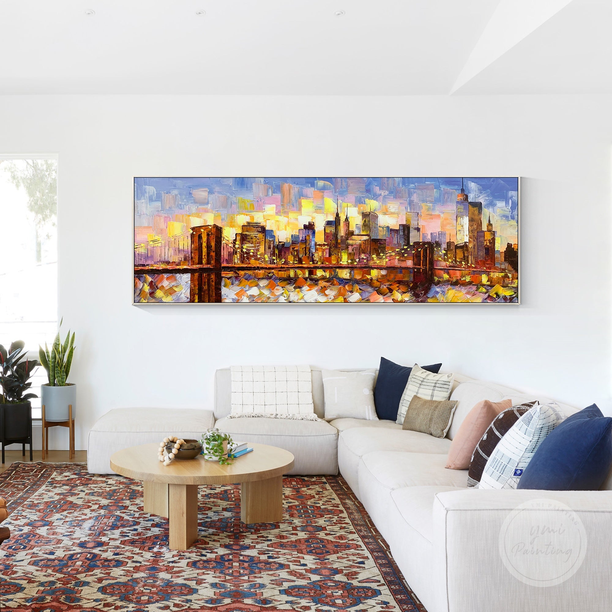 Hand-painted Brooklyn Bridge art with textured Manhattan skyline, perfect for urban wall decor.