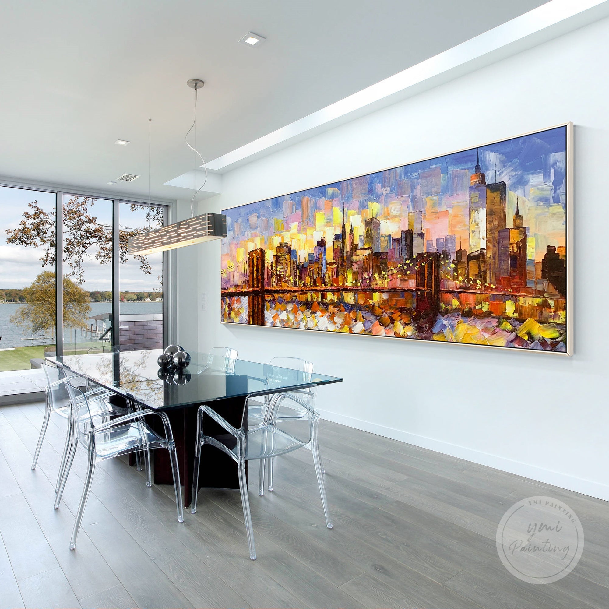 Hand-painted oil painting of the Brooklyn Bridge with detailed Manhattan skyline, ideal for contemporary interiors.