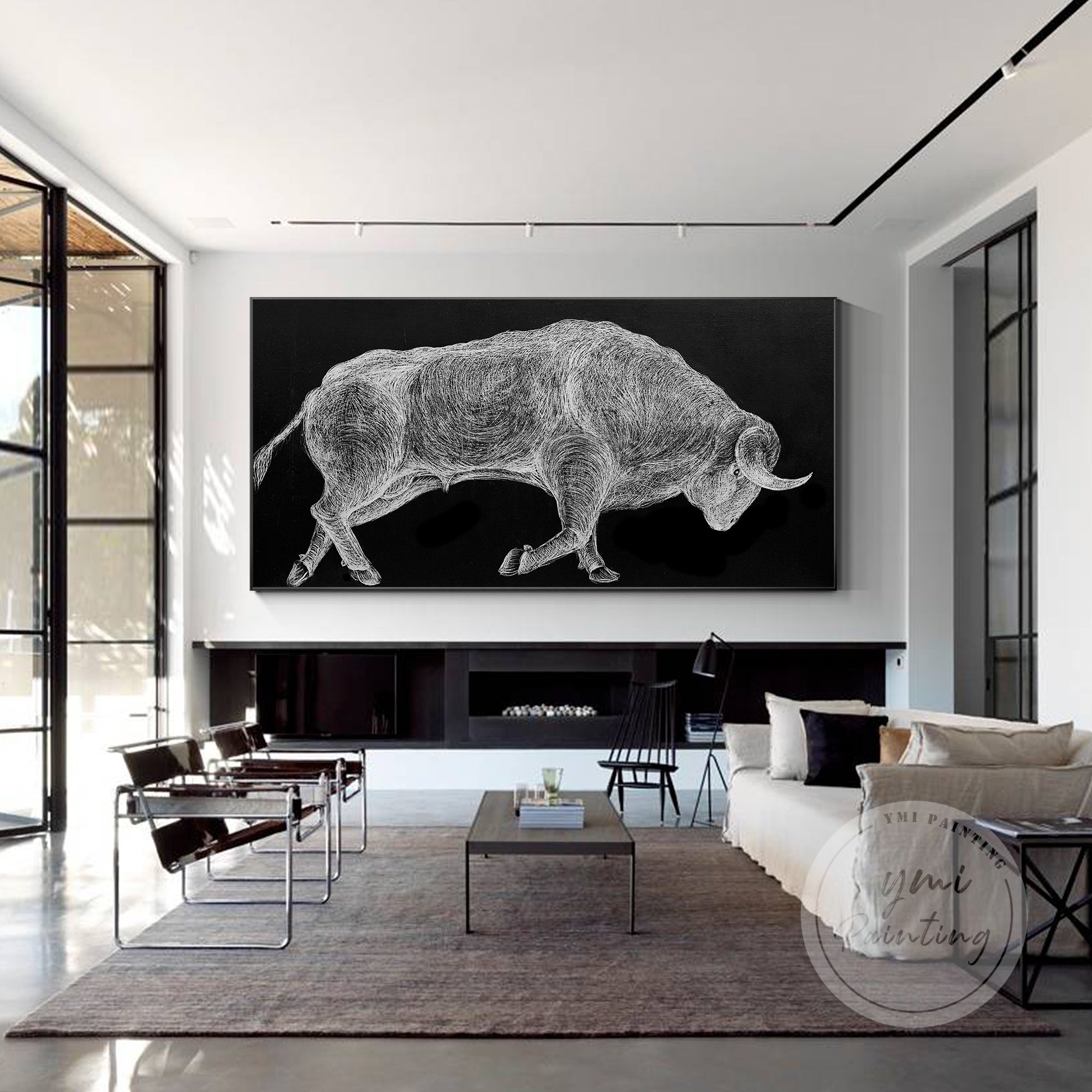 Original silver bull painting, full of energy and power, perfect for modern office decor.