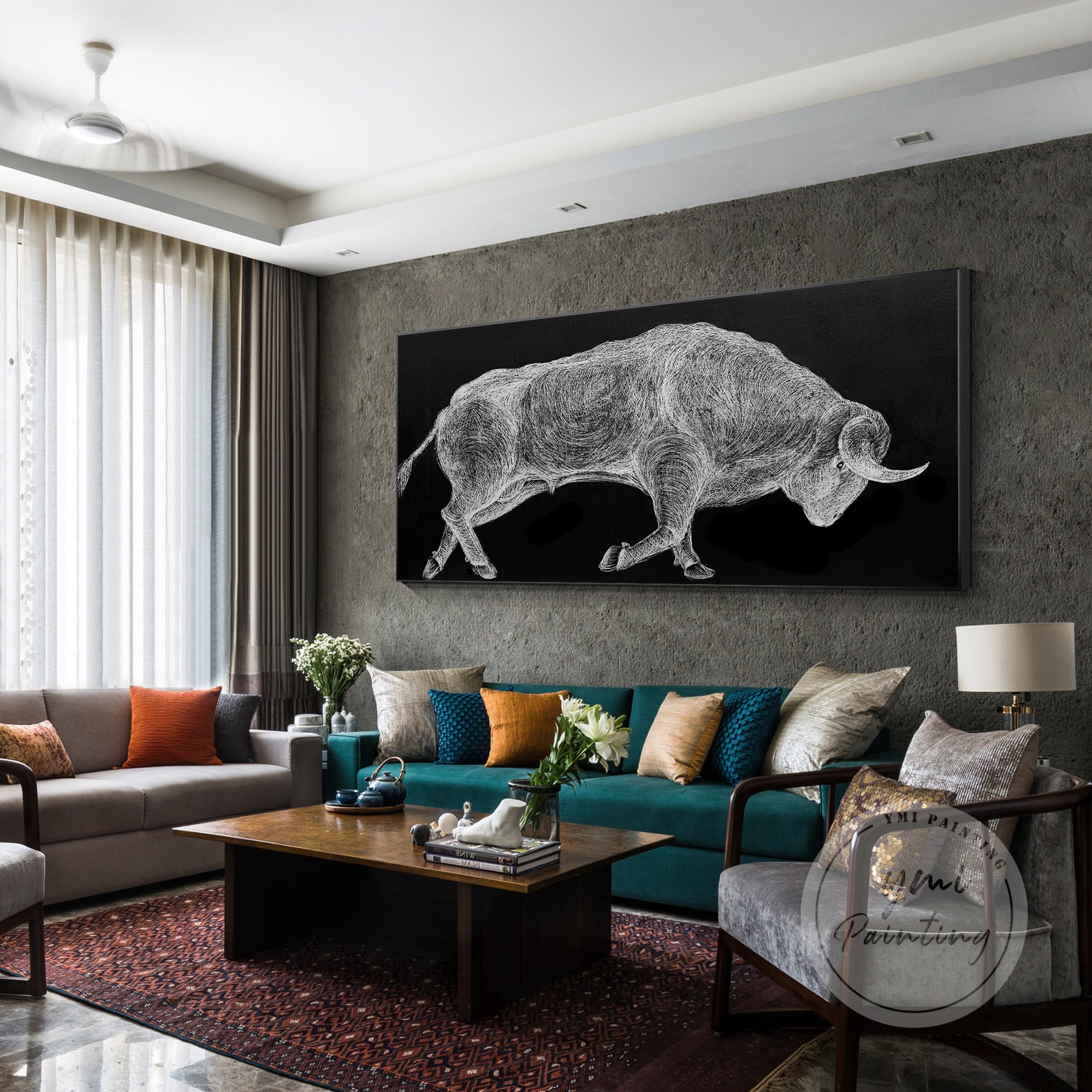 Large running bull wall art with textured silver accents, symbolizing strength and determination.