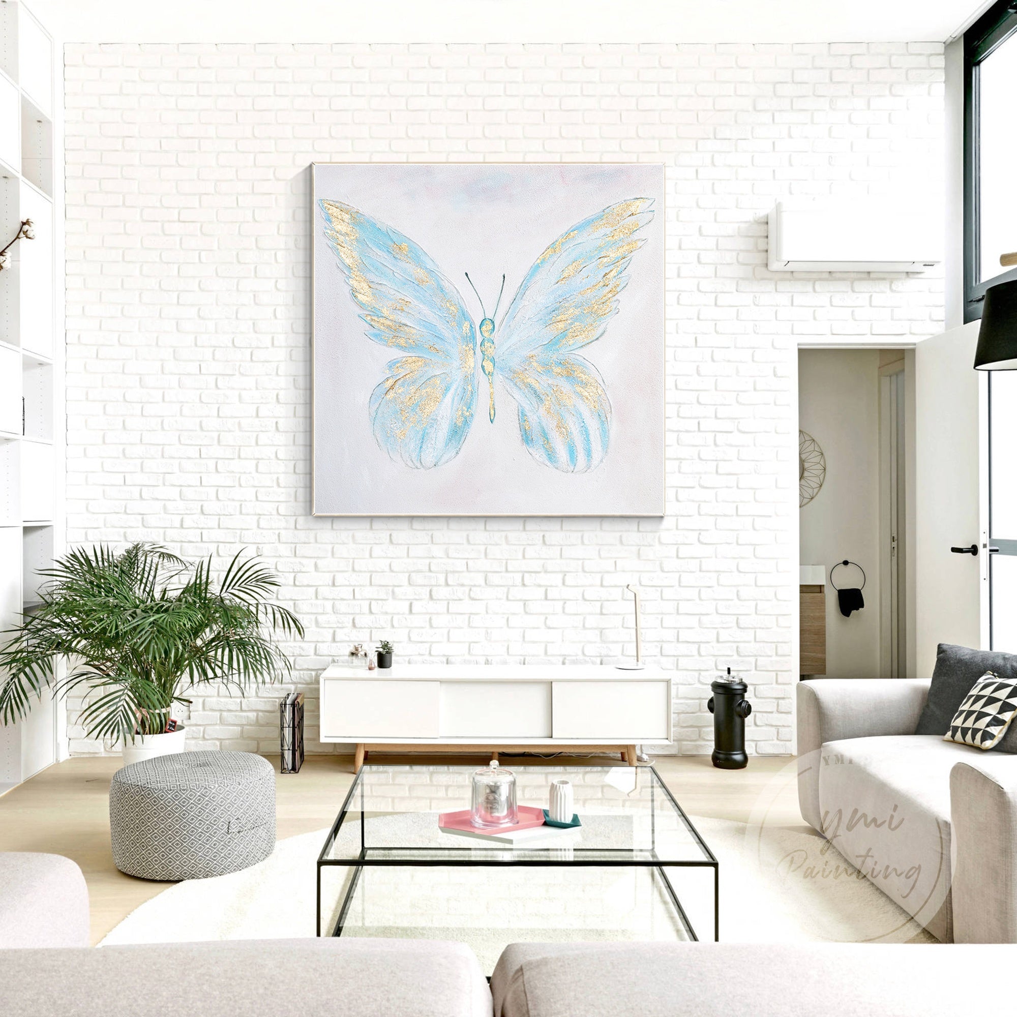 Large Canvas Oil Painting featuring a delicate light blue butterfly with gold leaf details, creating an elegant and serene atmosphere.