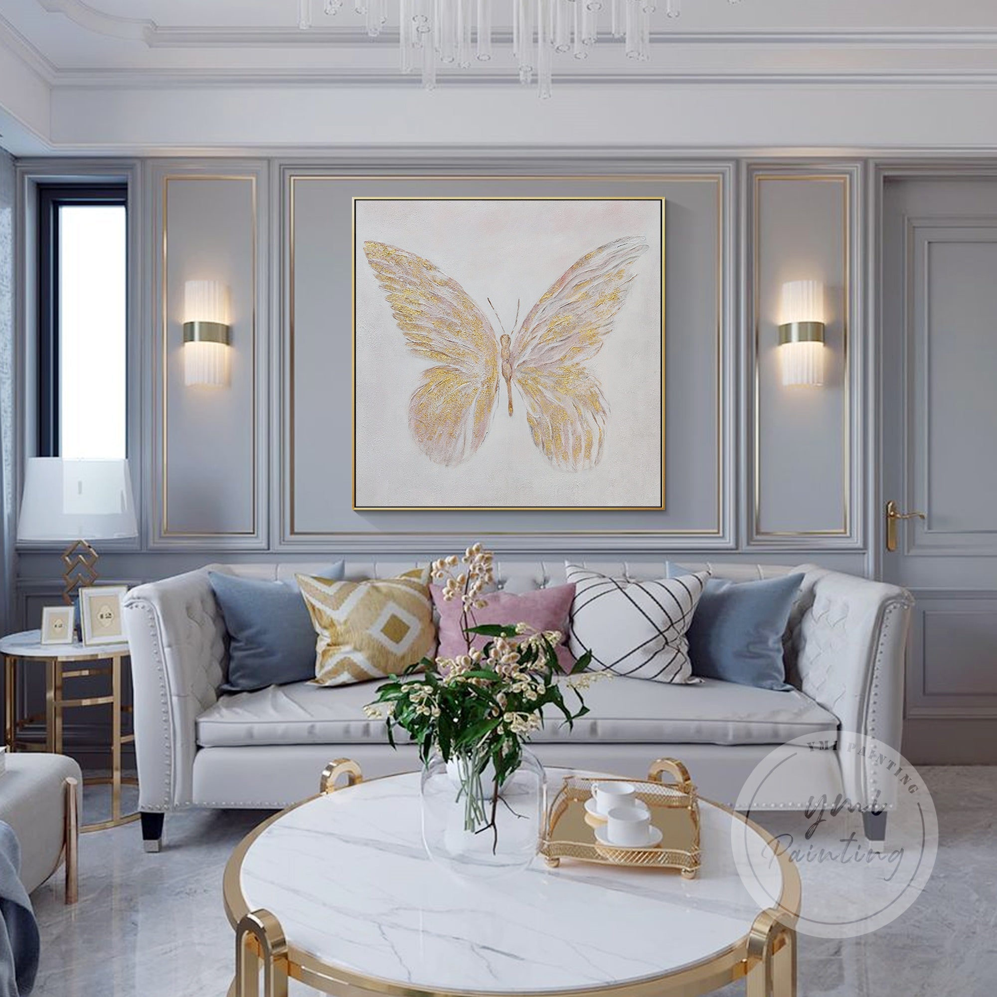Minimalist Butterfly Wall Art featuring a golden butterfly on a neutral background, perfect for modern and contemporary interiors.