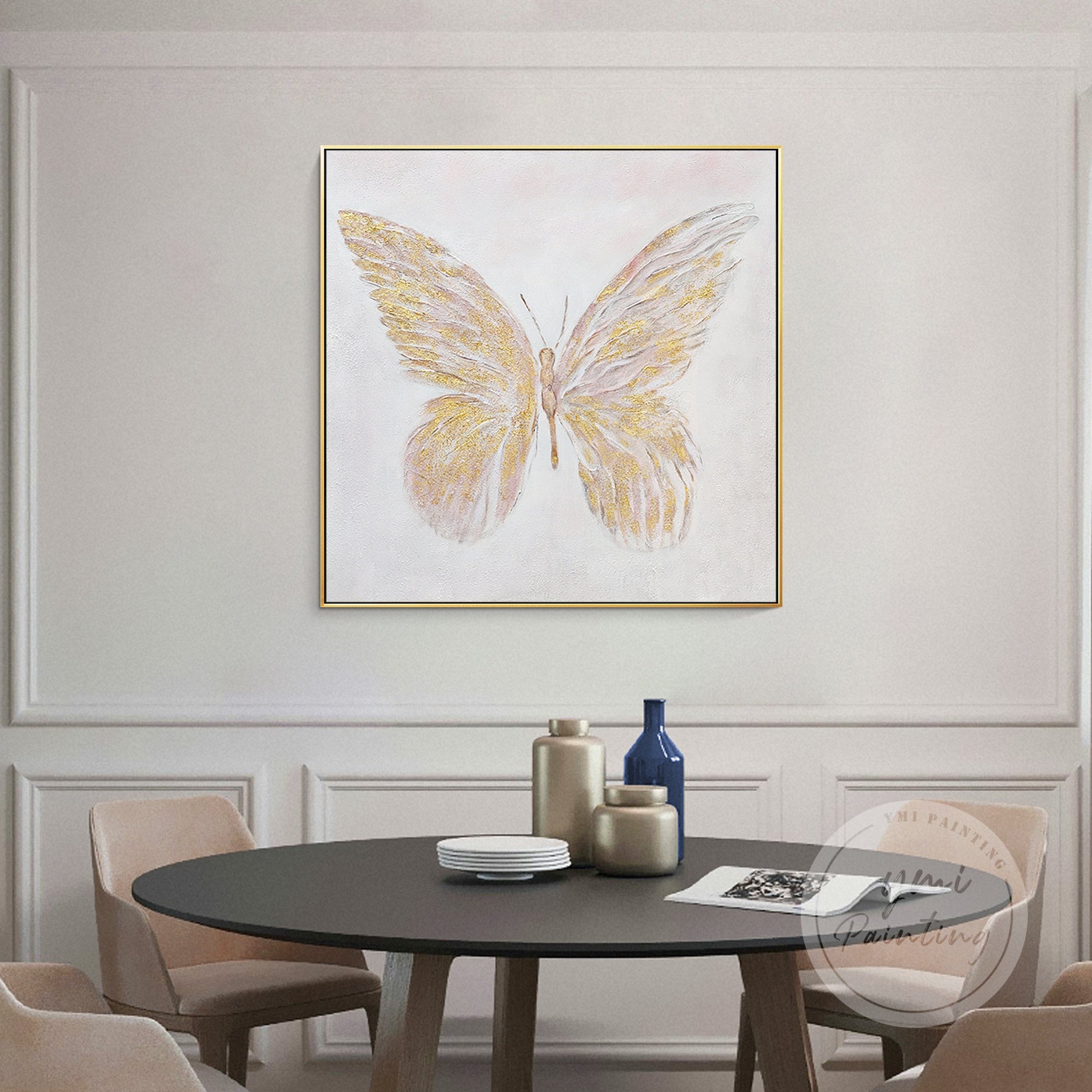 Textured Gold Butterfly Canvas Painting with intricate metallic highlights, creating a luxurious and artistic focal point.