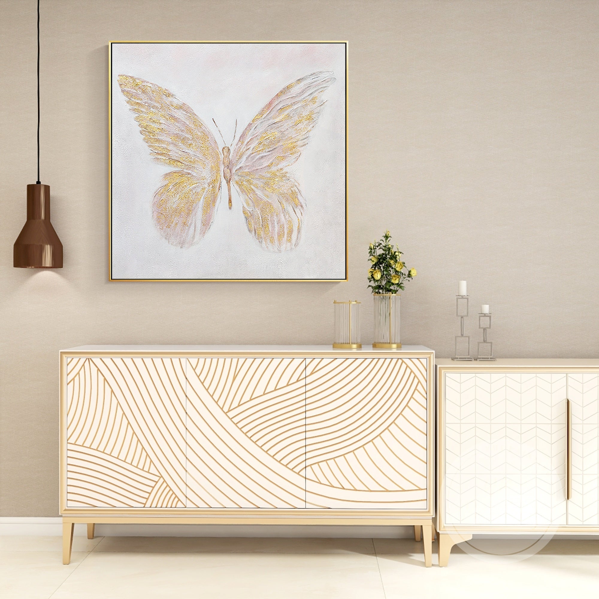 Elegant Gold Leaf Butterfly Artwork, handcrafted with shimmering accents, ideal for sophisticated wall decor.