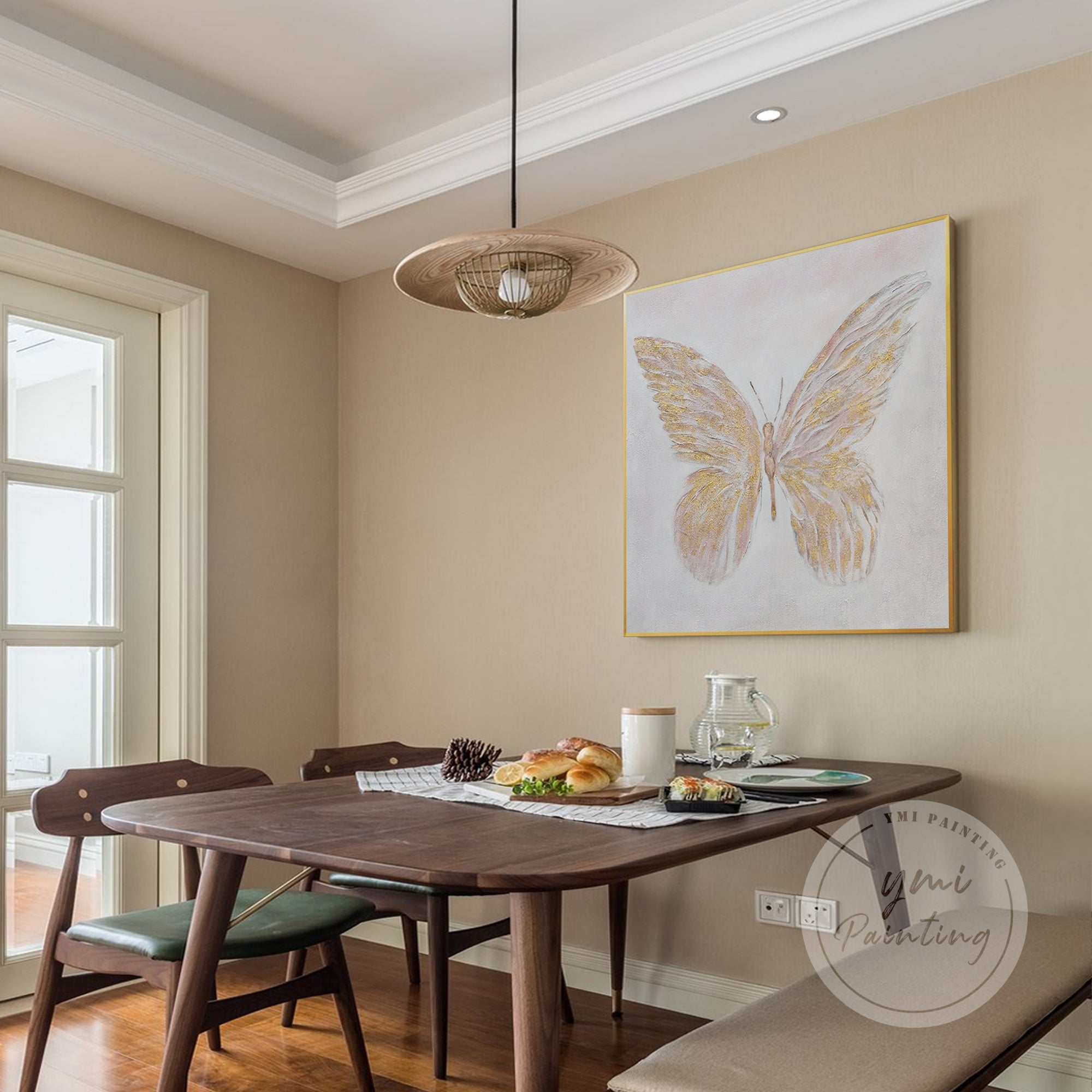 Large Framed Butterfly Painting in abstract style, combining gold and neutral tones for a refined aesthetic.