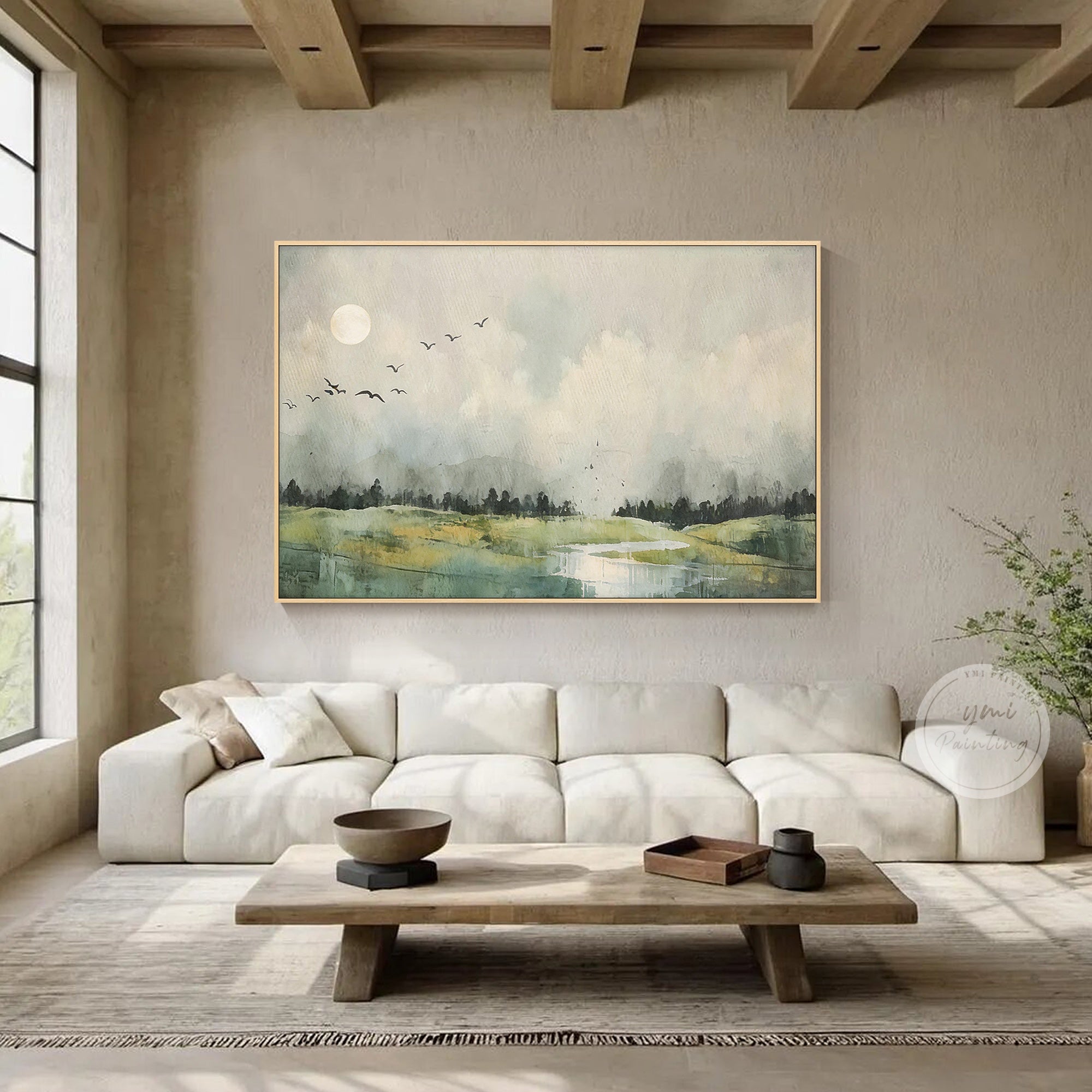Nature landscape canvas with rolling fields and misty horizon