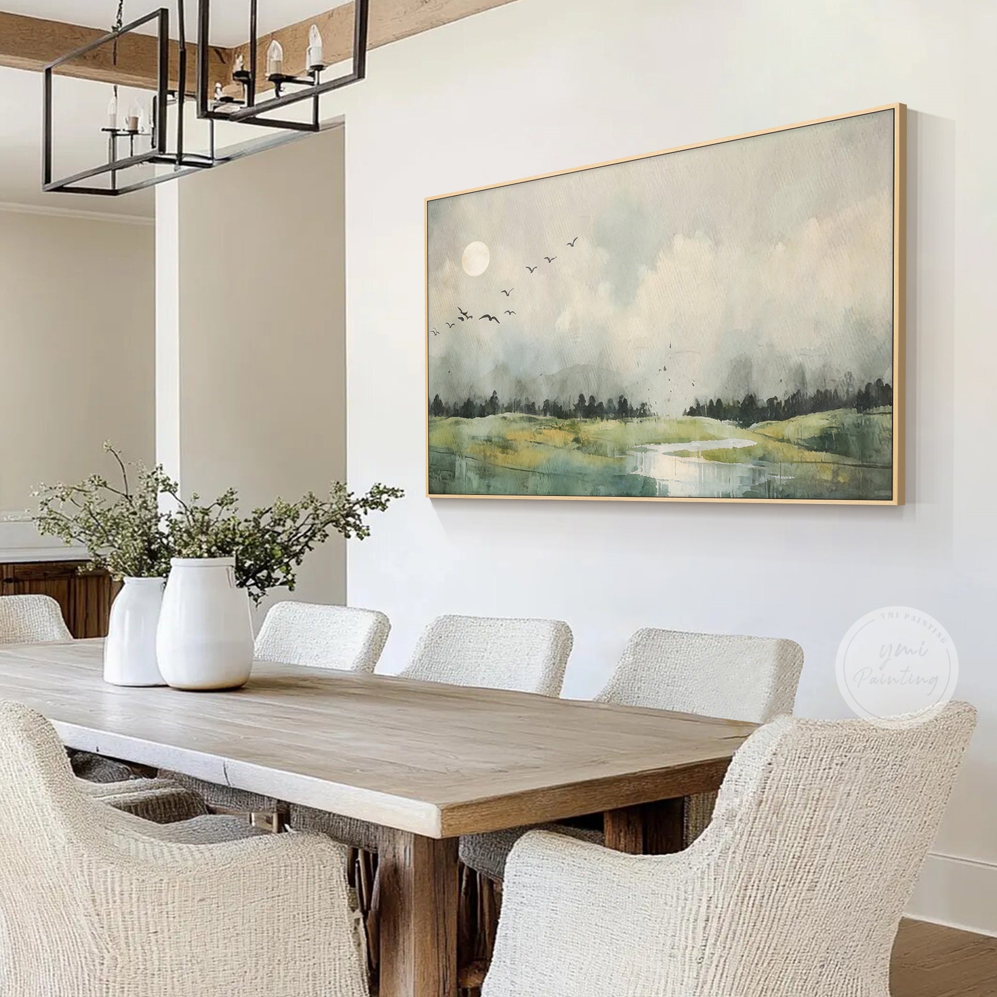 Soft green and beige nature inspired landscape artwork