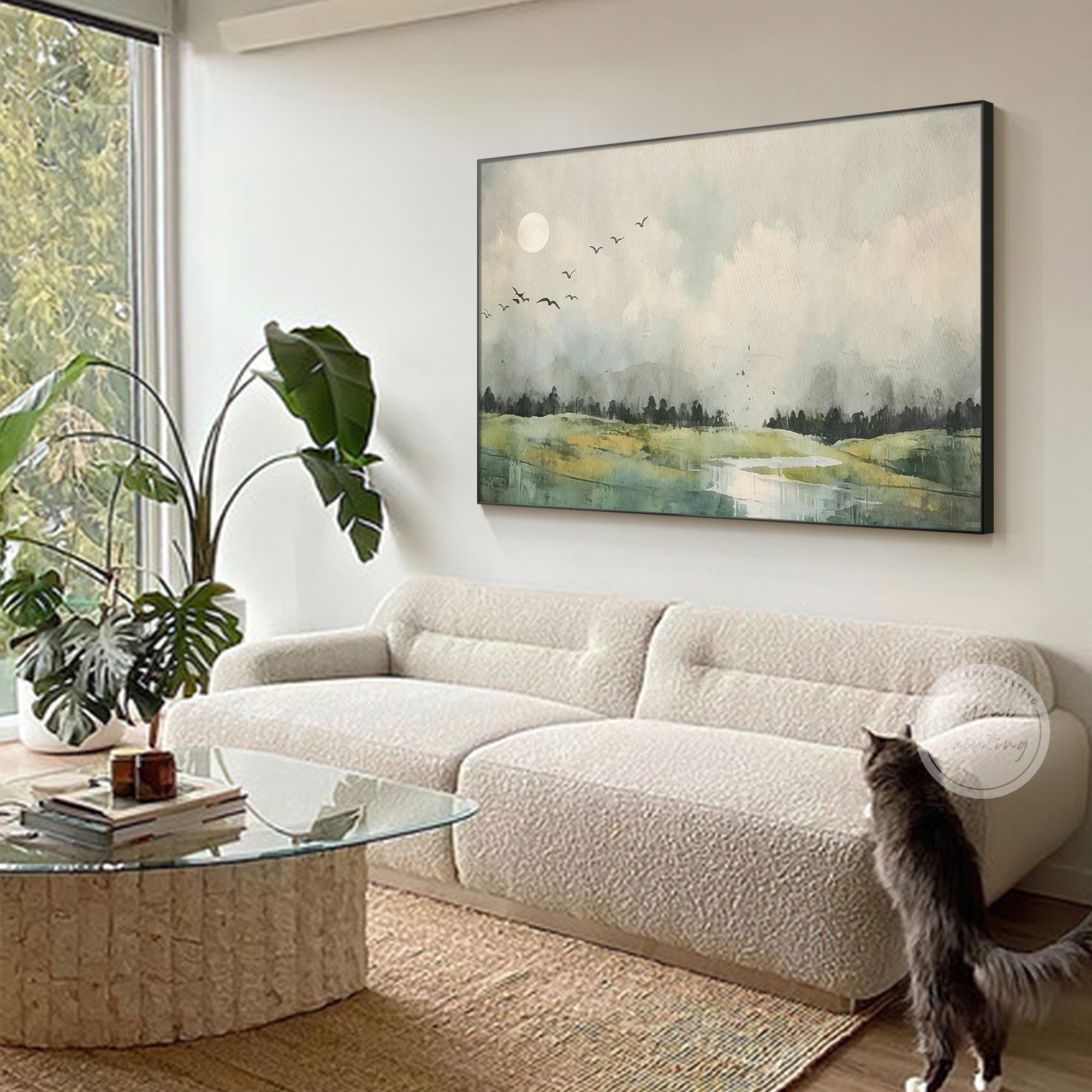 Calm watercolor scenery with birds flying over countryside