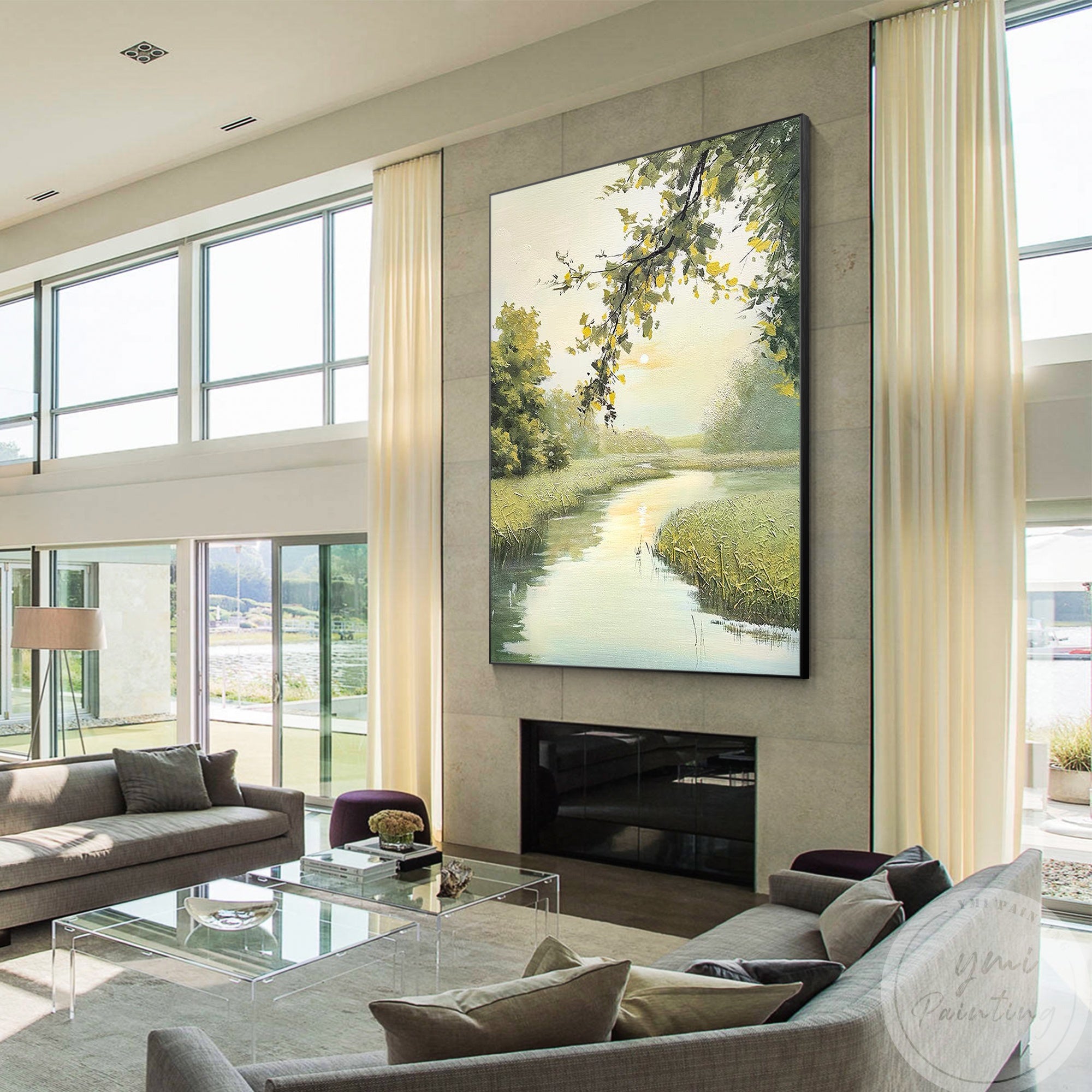 Bring calm and elegance to your bedroom with this river scene, featuring green trees and warm light filtering through delicate branches.