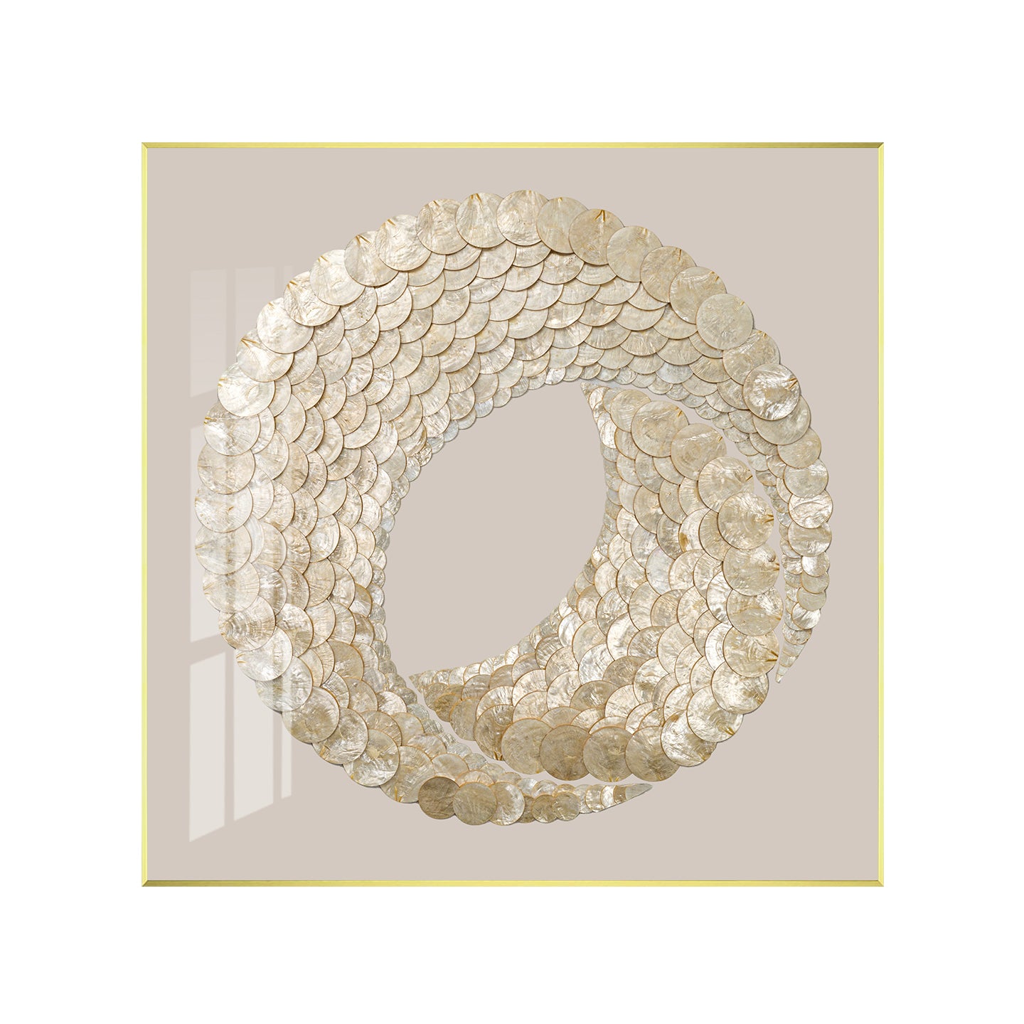 Warm taupe and gold capiz wall art crafted with natural shells, perfect for elegant coastal decor.