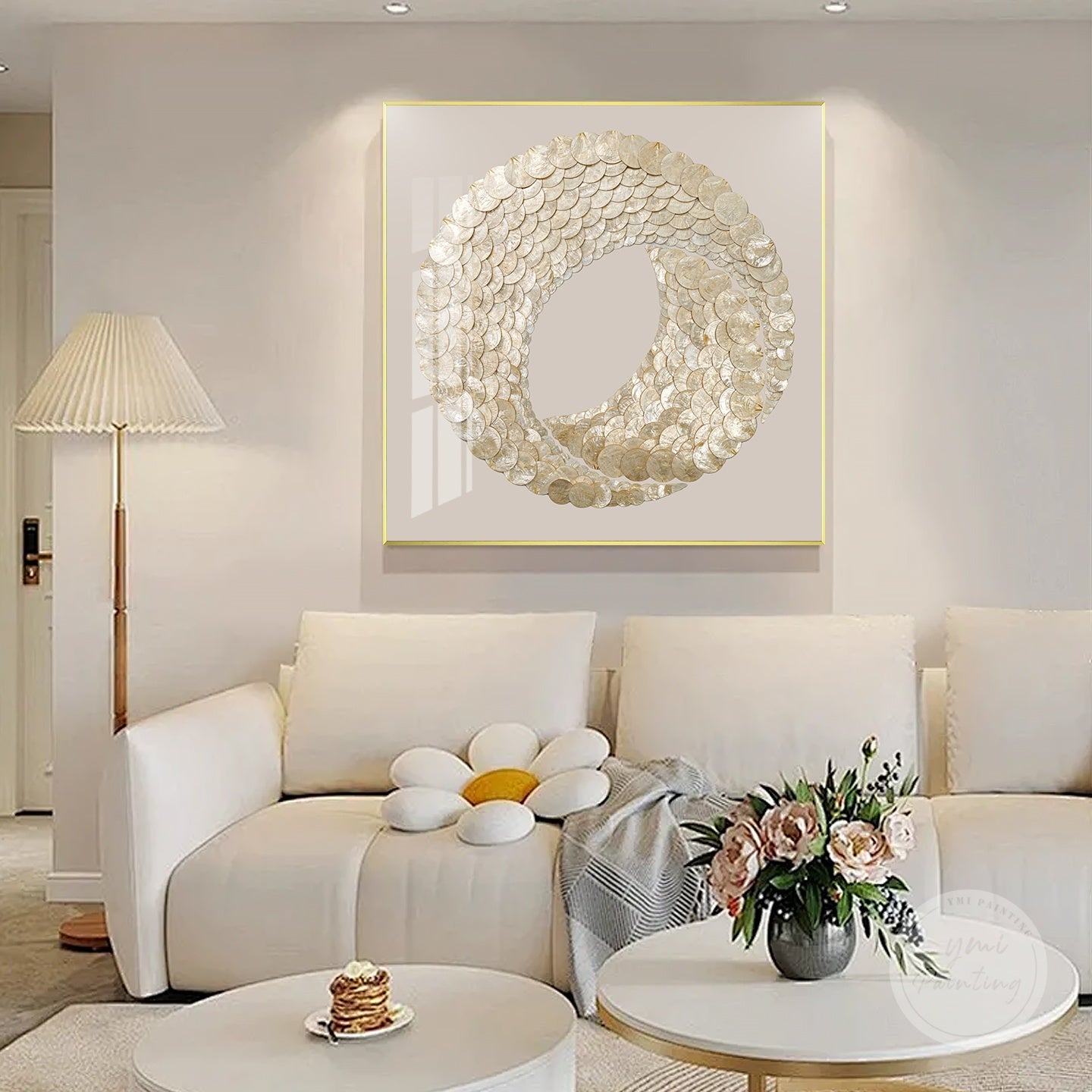 Warm taupe capiz shell artwork with soft gold accents, perfect for living room or hallway decor.