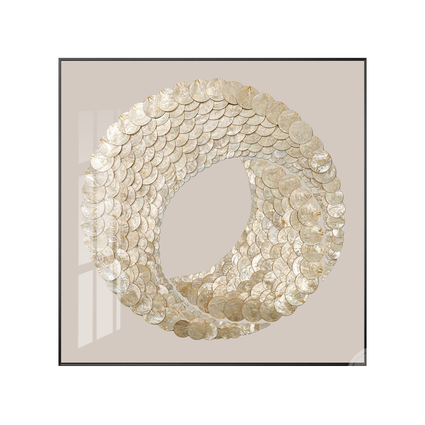 Warm taupe and gold capiz wall art suitable for coastal, beach, or modern minimalist homes.