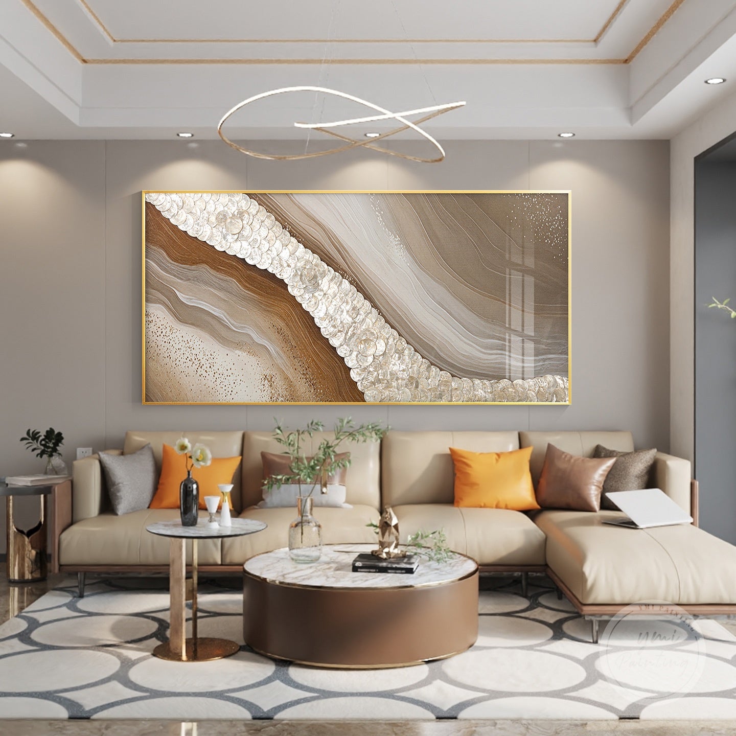 Large capiz shell wall art with warm earthy colors, perfect for modern or coastal décor.