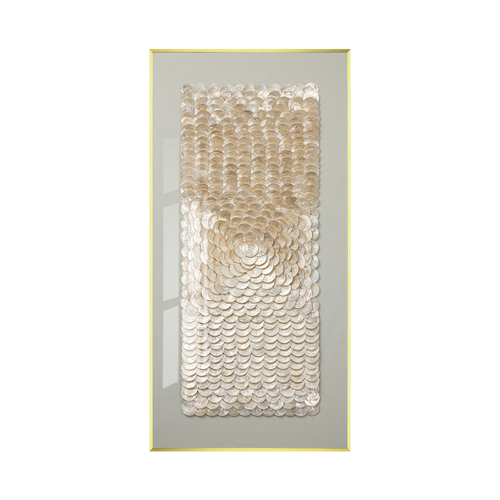 Capiz shell wall art featuring muted green-gray and gold tones, perfect for coastal and modern interiors.