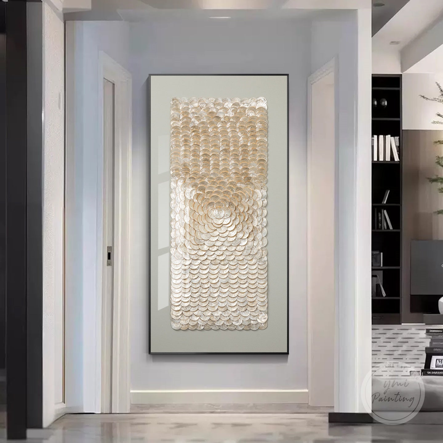 Elegant capiz shell wall hanging with natural shimmer, ideal for living rooms and entryways.