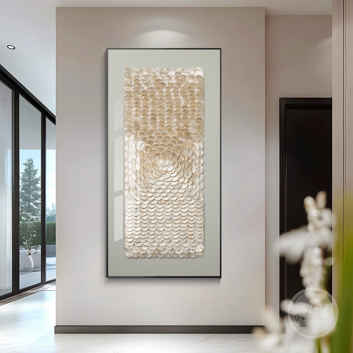 Sea shell wall art made with natural capiz pieces, creating a refined and serene atmosphere.