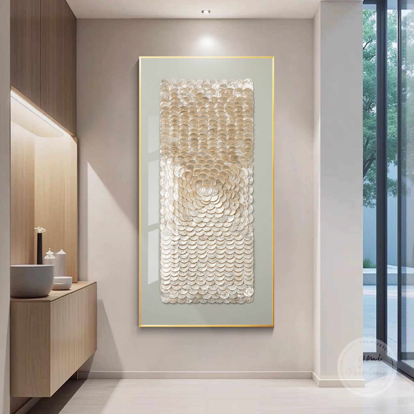 Shell shadow box art featuring layered capiz shells for texture and visual depth.