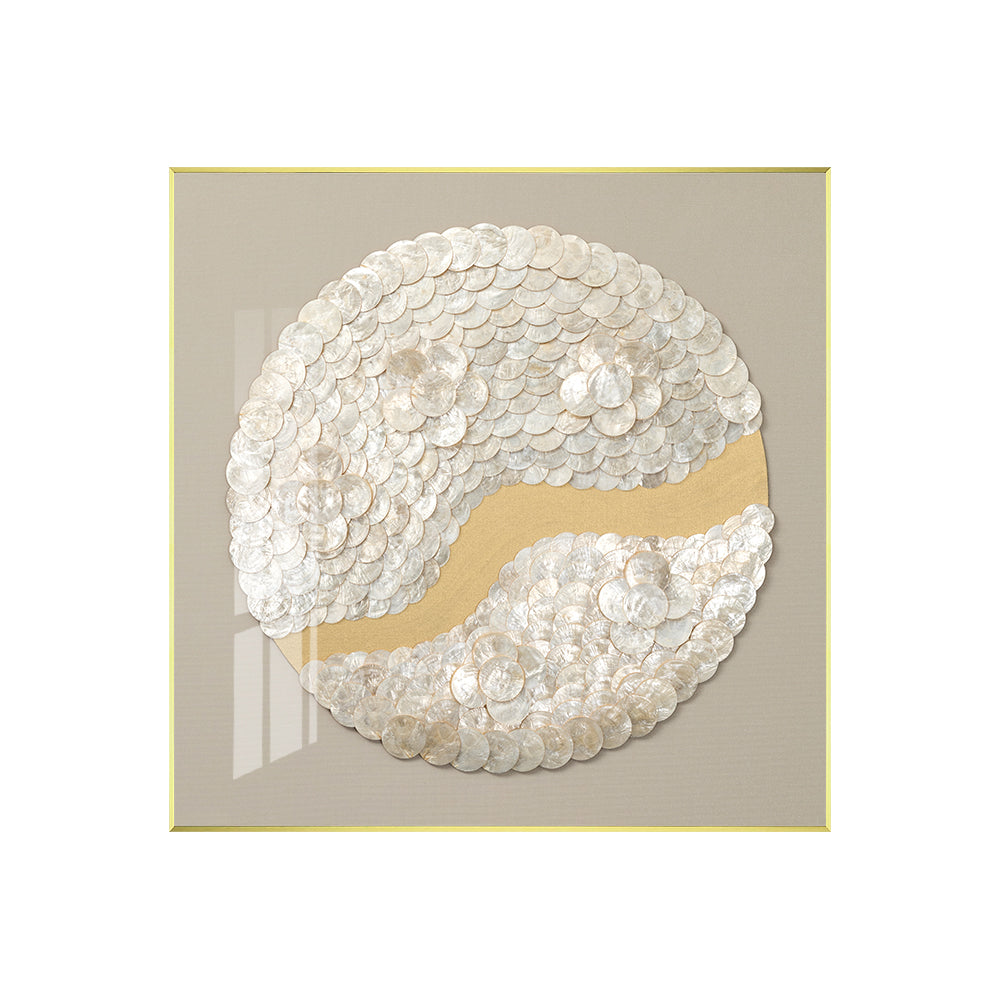 Light greige and gold capiz wall decor with natural shell texture, perfect for modern coastal interiors.