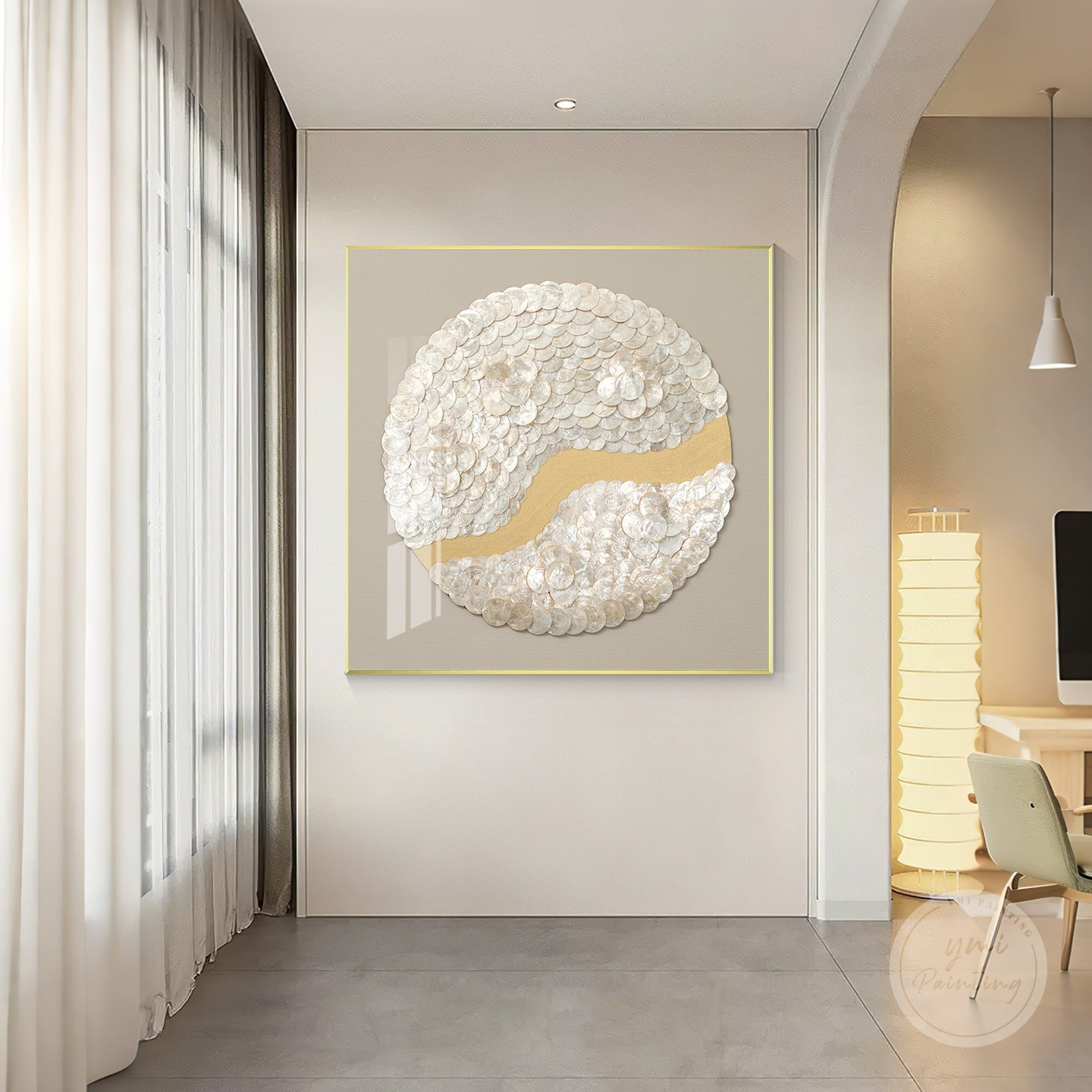 Elegant capiz shell wall art in soft greige tones with subtle gold highlights.