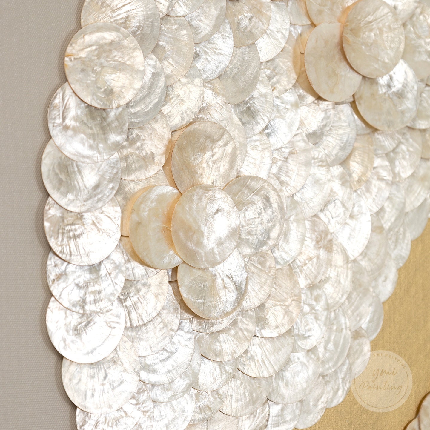 Large shell art with shimmering light greige and gold accents, ideal for living rooms or entryways.