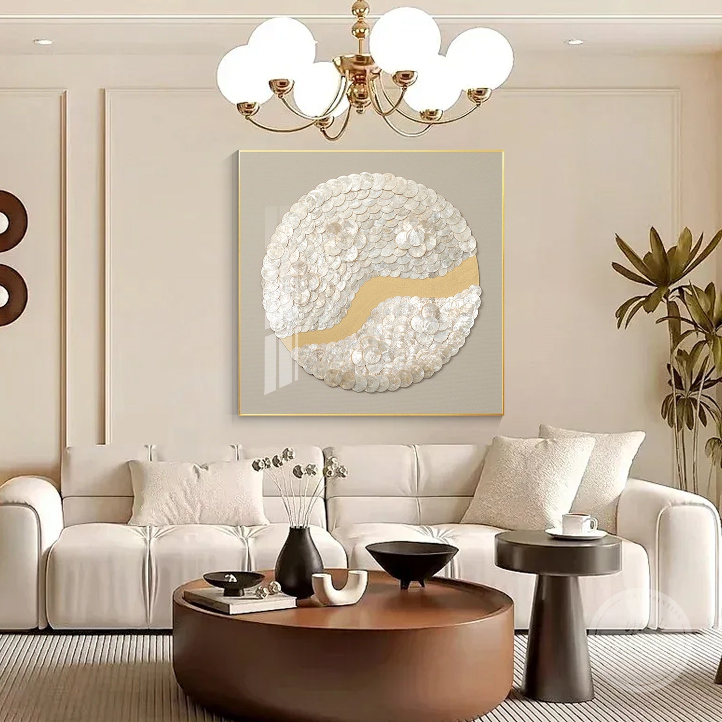 Capiz shell artwork featuring light greige and gold, perfect for bedroom or hallway decor.