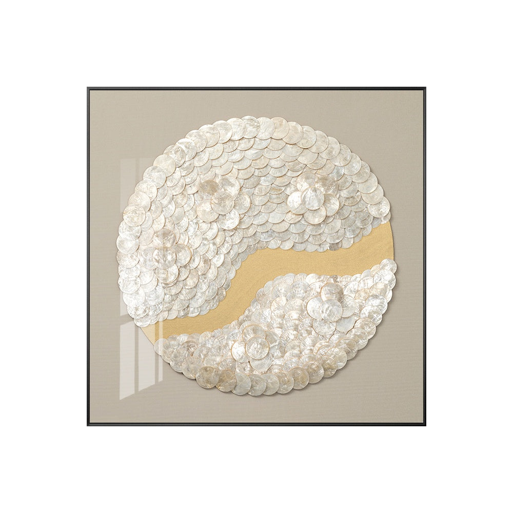 Contemporary coastal wall decor with layered capiz shells in soft greige and gold.