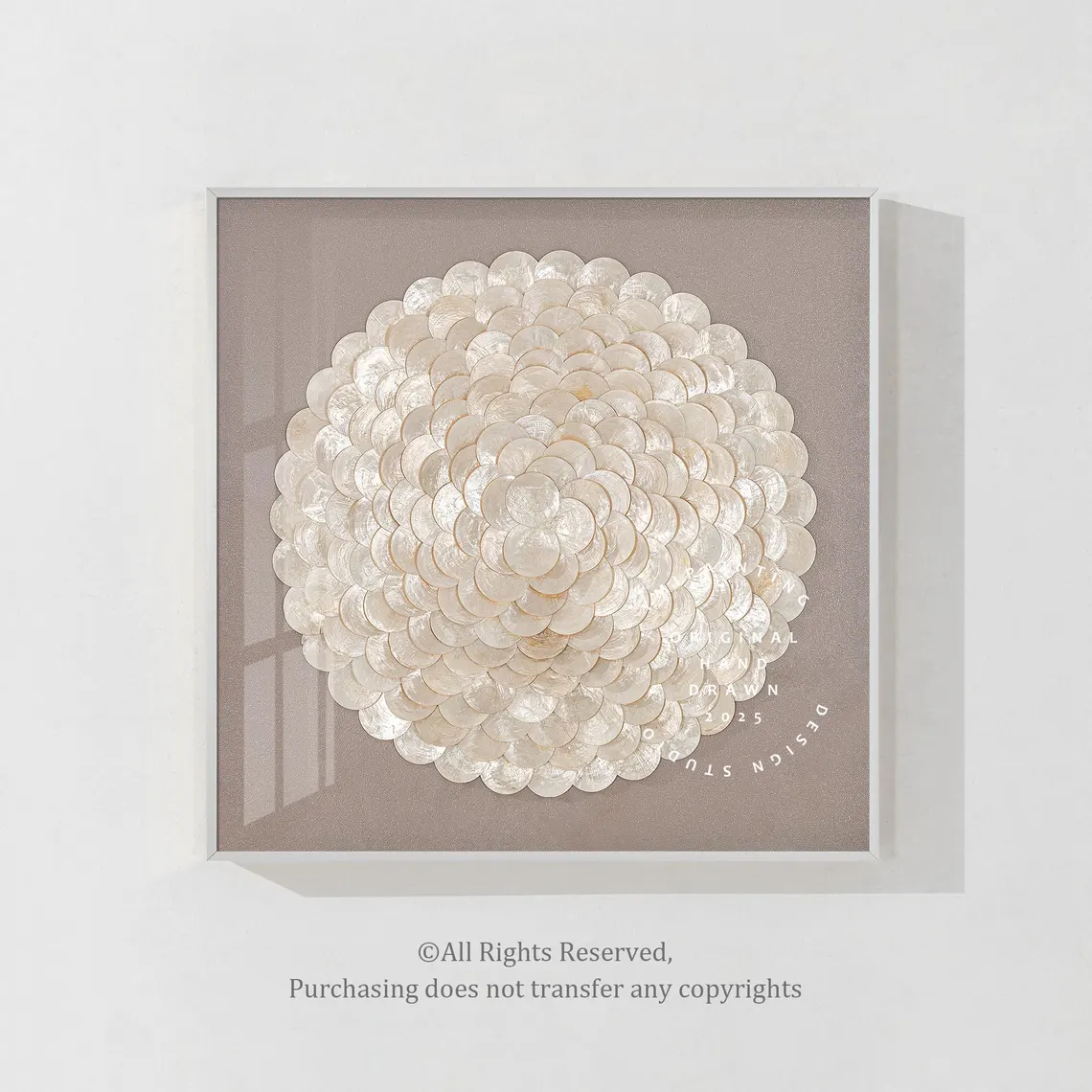 Textured gold capiz shell painting with beige tones, ideal for luxury office wall décor.