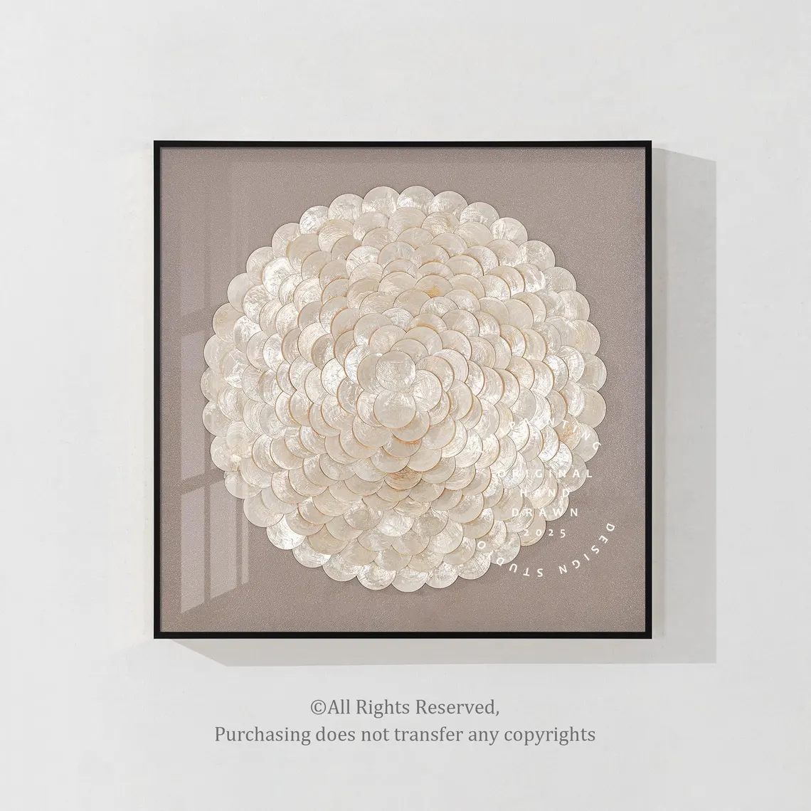 Luxury gold capiz wall piece with seashell and pearl details, a stunning wedding or holiday gift.