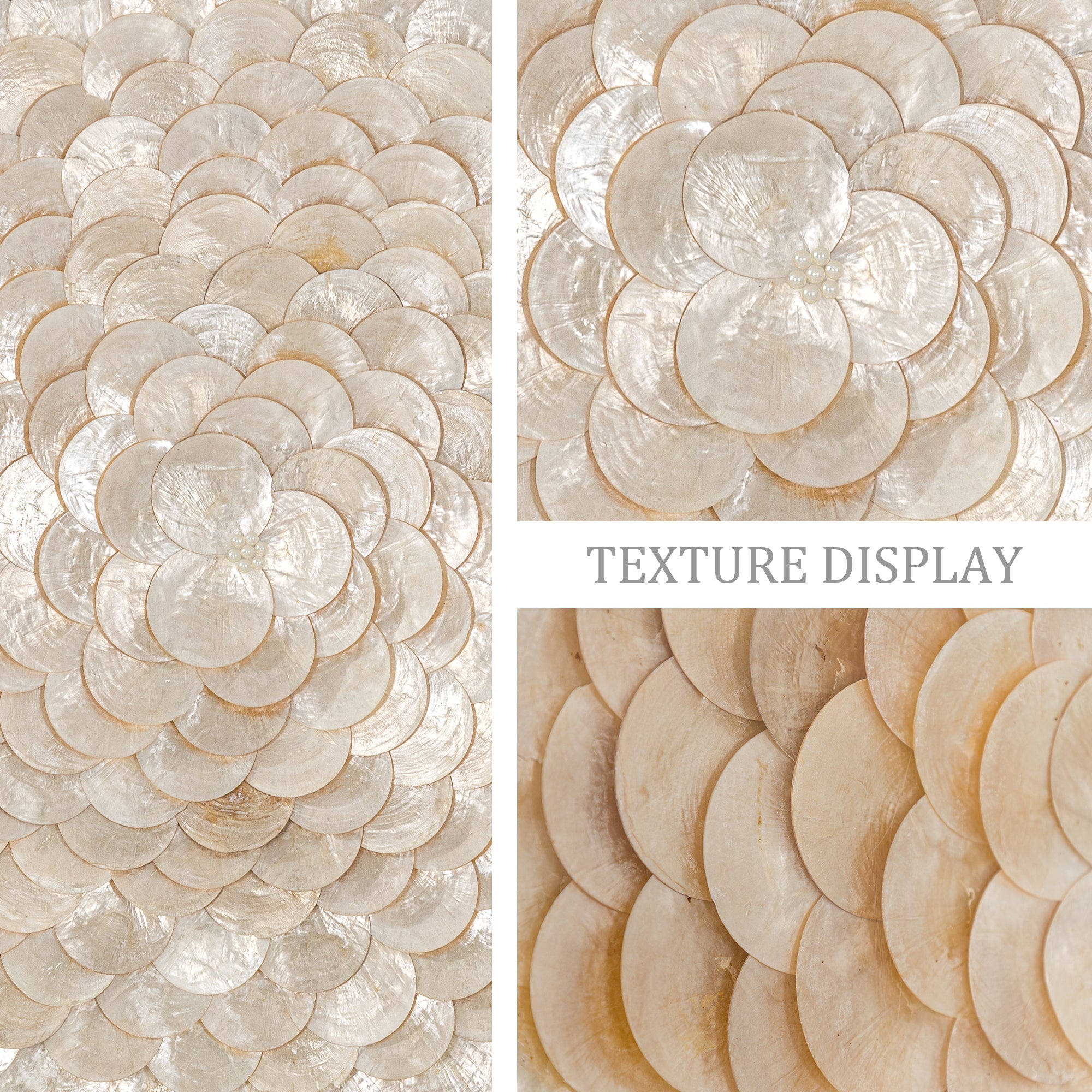 Handmade shell wall art in beige and gold hues, luxury gold capiz design ideal for housewarming gifts.