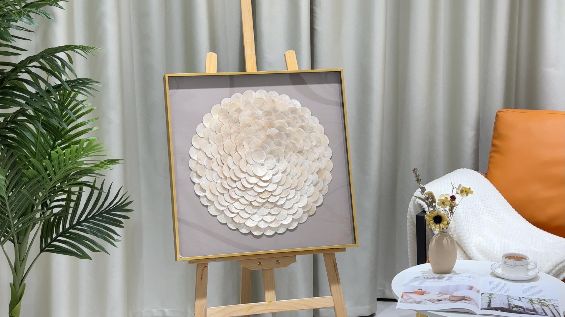 Elegant gold capiz and pearl shell painting, a sophisticated coastal luxury gift for anniversaries.