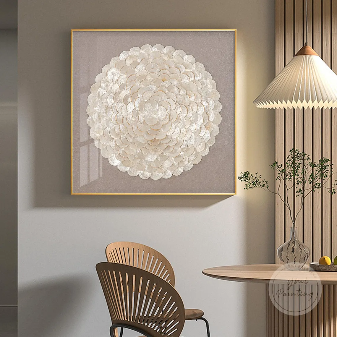 Gold capiz shell art with natural beige textures, luxury framed decor for calm neutral bedrooms.