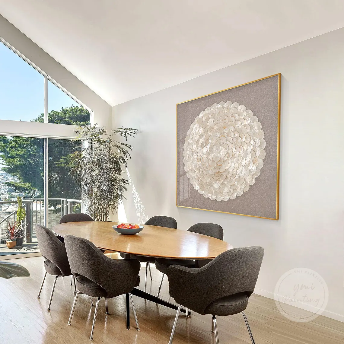 3D coastal shell wall art featuring gold capiz and pearls, luxury decor for vacation homes.
