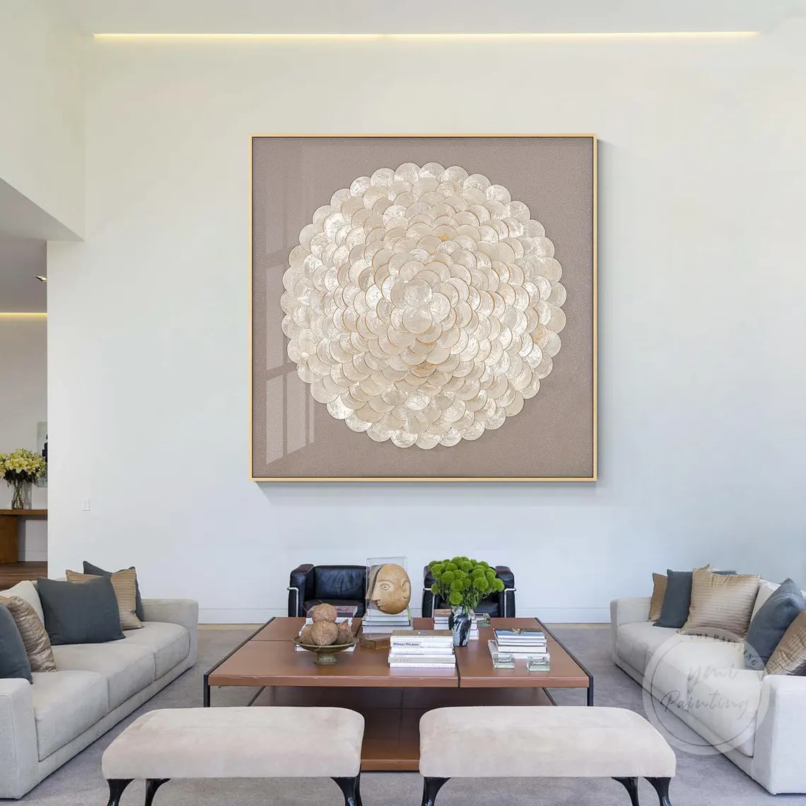 Nature-inspired gold capiz and pearl wall art, perfect gift for mothers or beach lovers.
