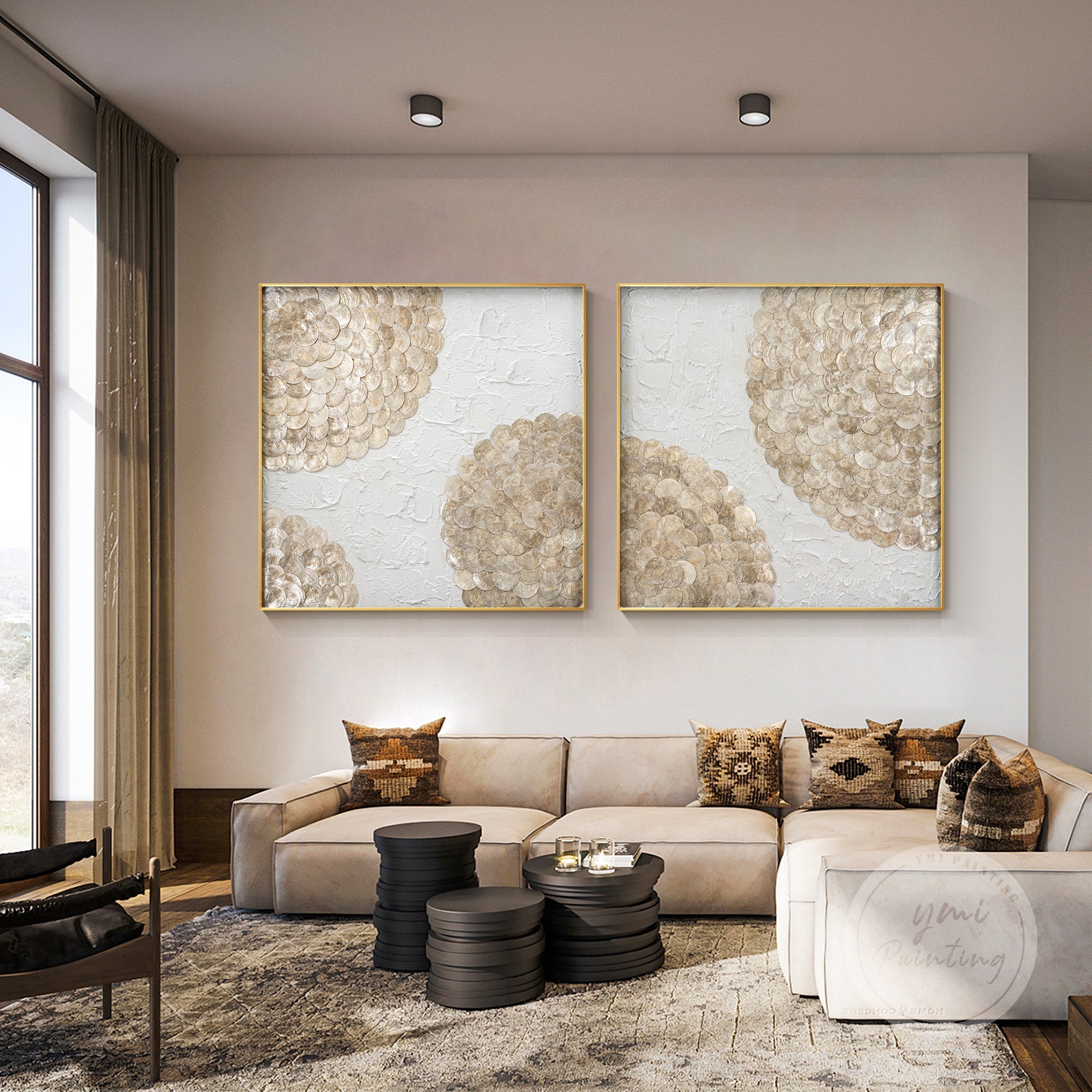Handcrafted sea shell artwork with textured layers and natural shimmer, perfect for coastal decor.