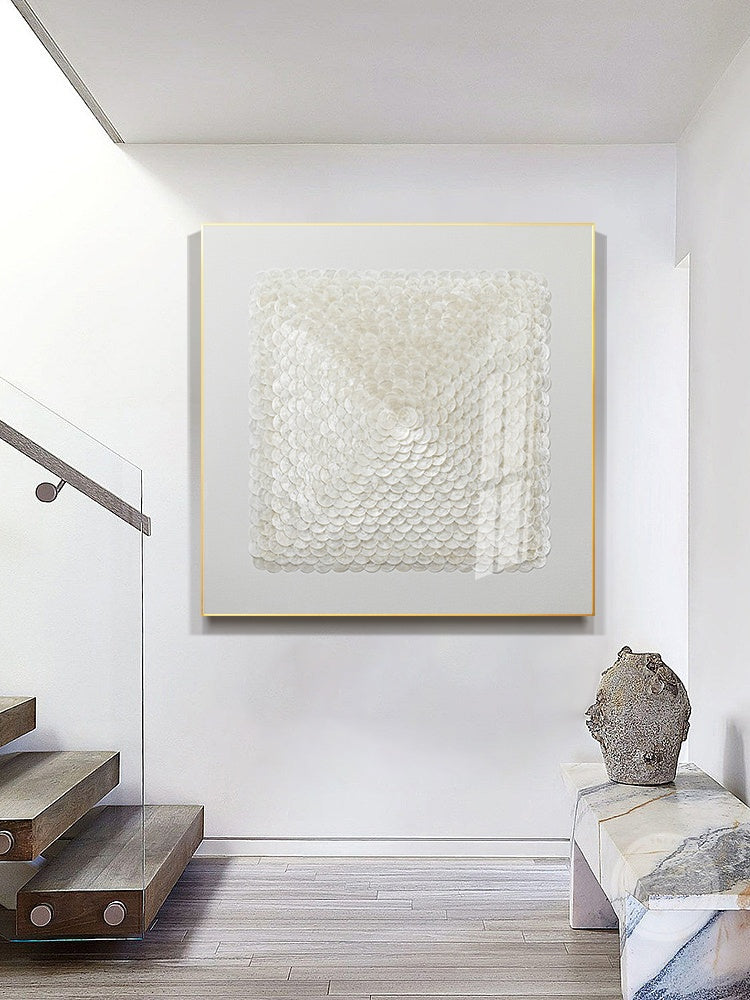 Transparent white capiz shell wall art with natural iridescent shine and elegant textures.