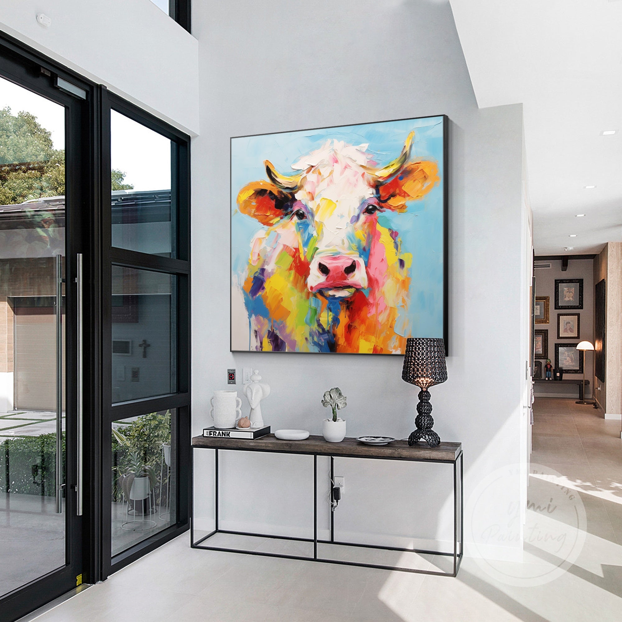 This lively cow painting, featuring bright hues and a cute design, is the perfect addition to modern bedroom seeking a playful and warm vibe.
