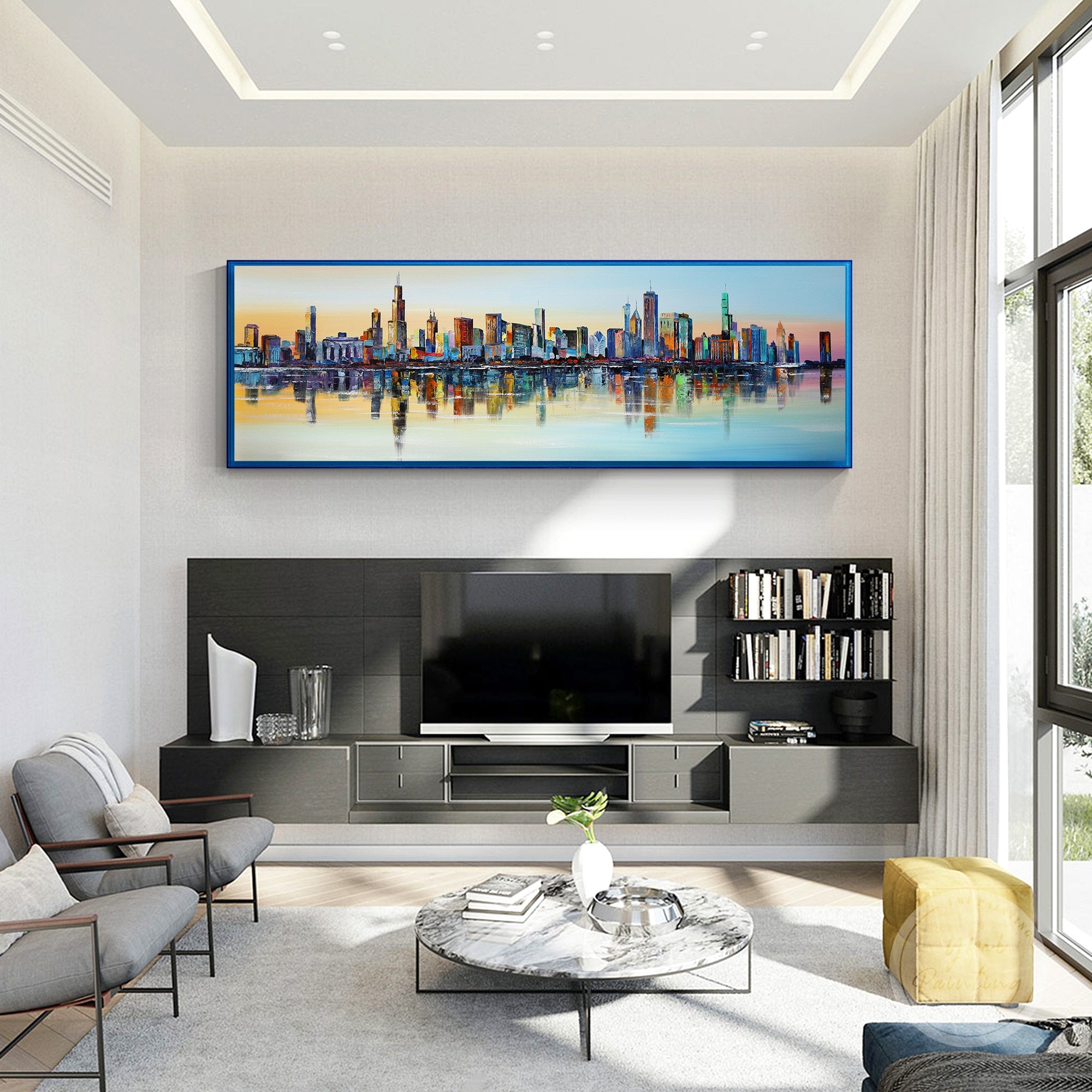 Floating canvas frame showcasing Chicago cityscape, adding depth and sophistication to interiors.